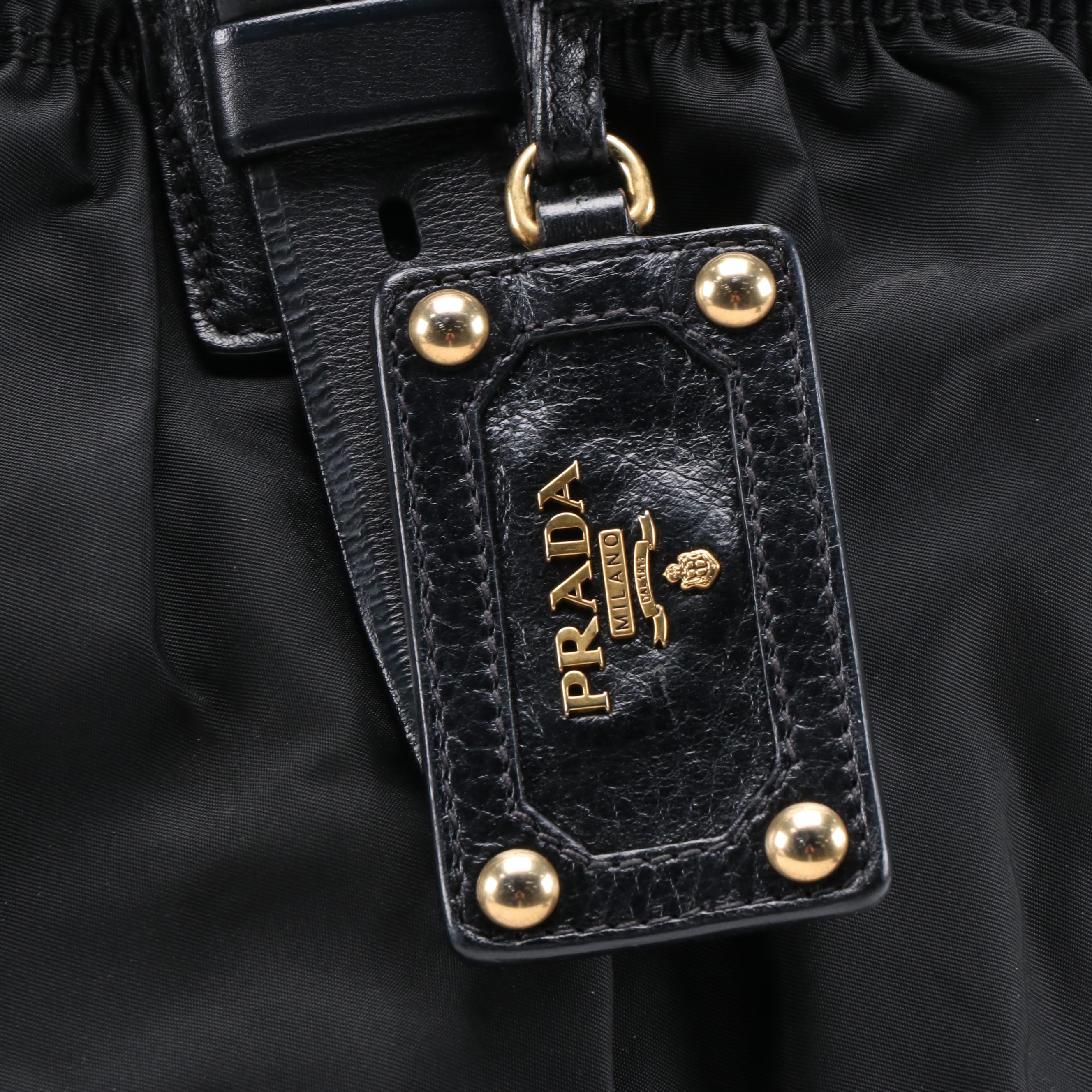 Prada Gathered Nylon Tote Handbag in Black with Leather Trim