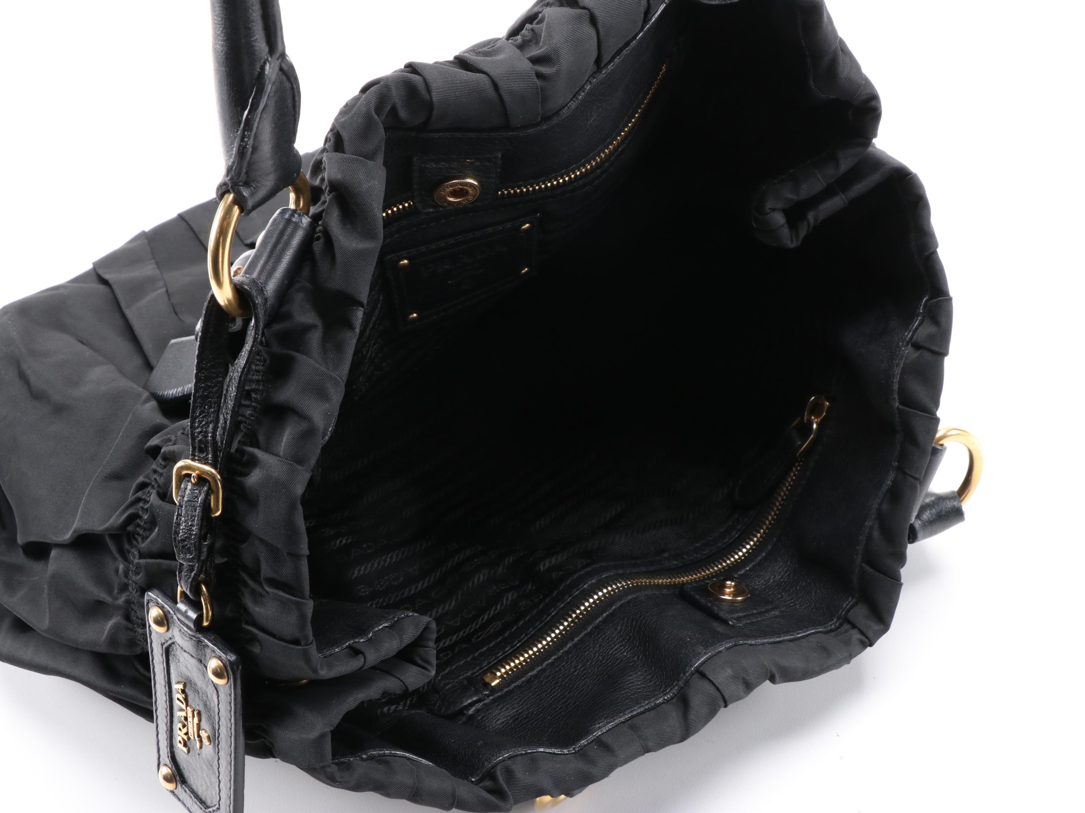 Prada Gathered Nylon Tote Handbag in Black with Leather Trim
