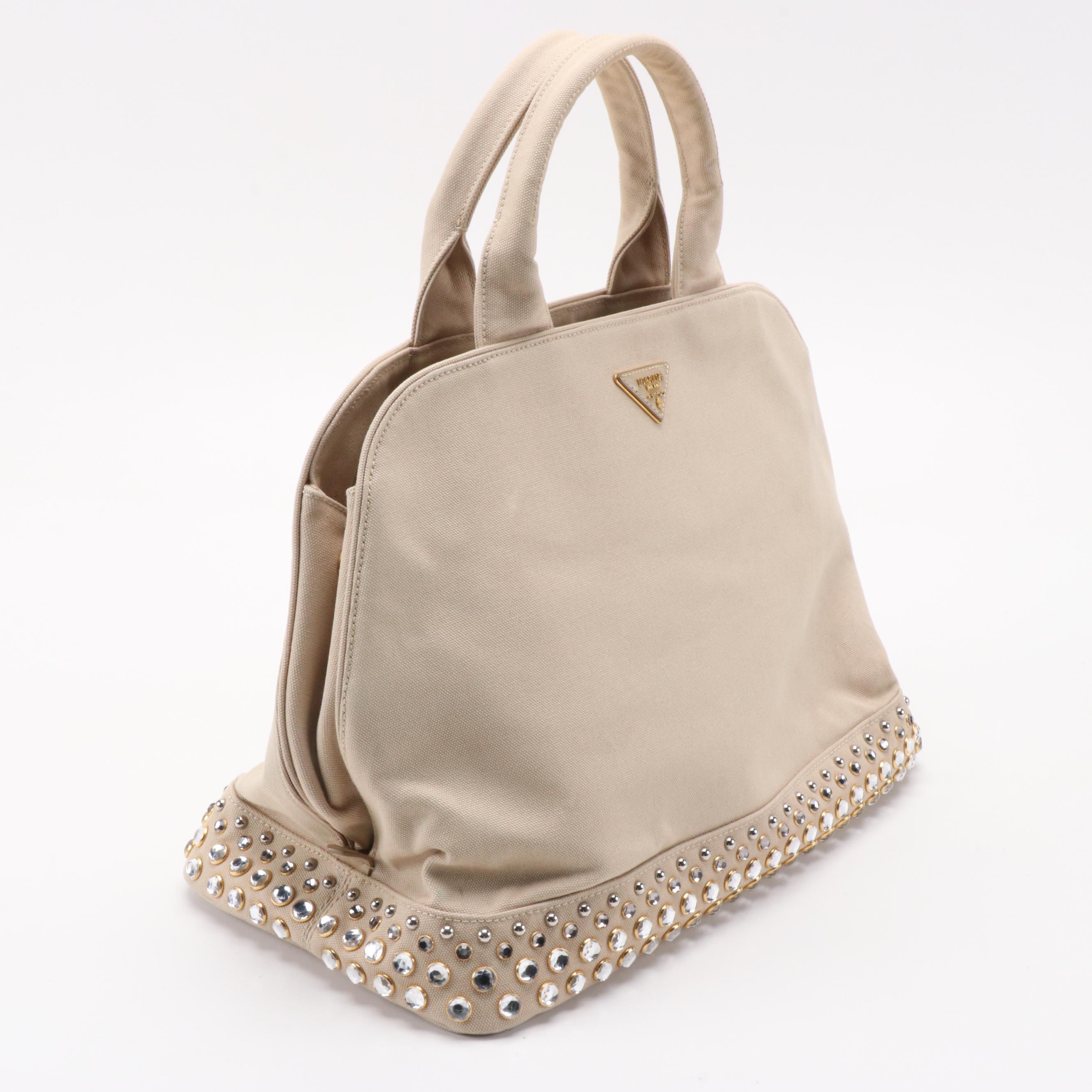 Prada Studded Beige Canvas Large Domed Satchel with Saffiano Leather Trim