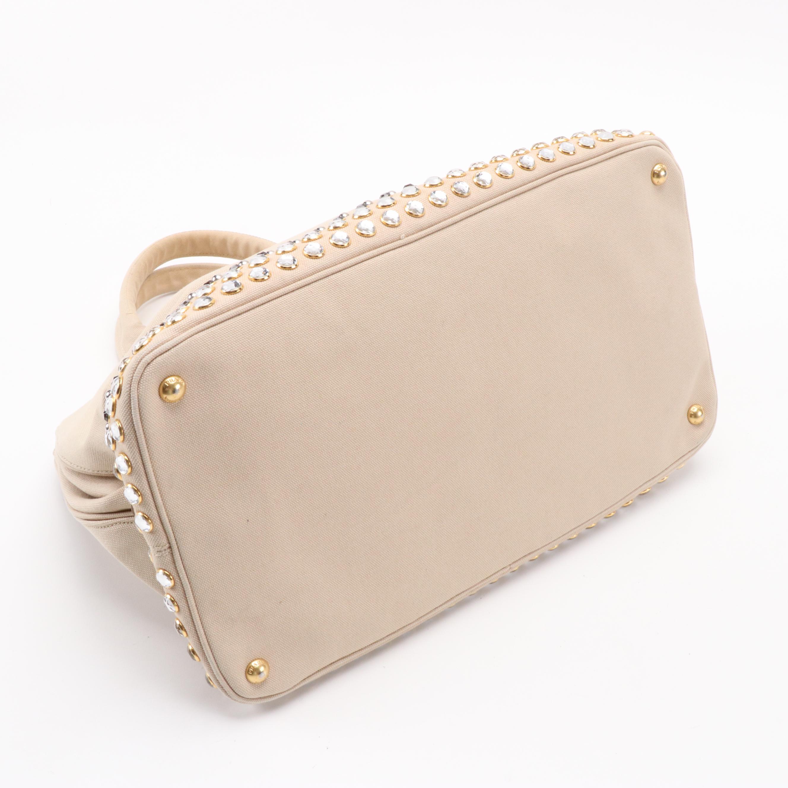 Prada Studded Beige Canvas Large Domed Satchel with Saffiano Leather Trim