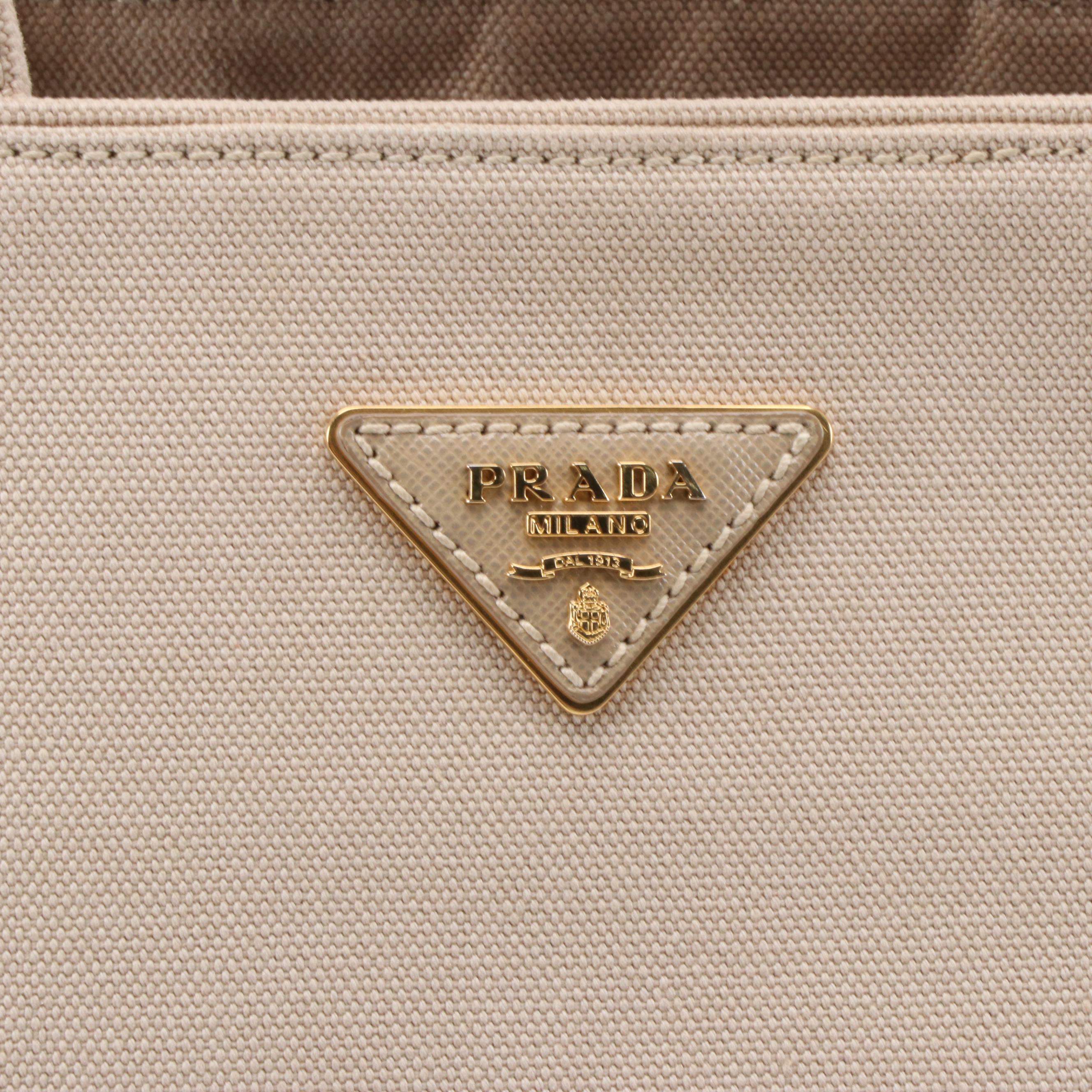 Prada Studded Beige Canvas Large Domed Satchel with Saffiano Leather Trim