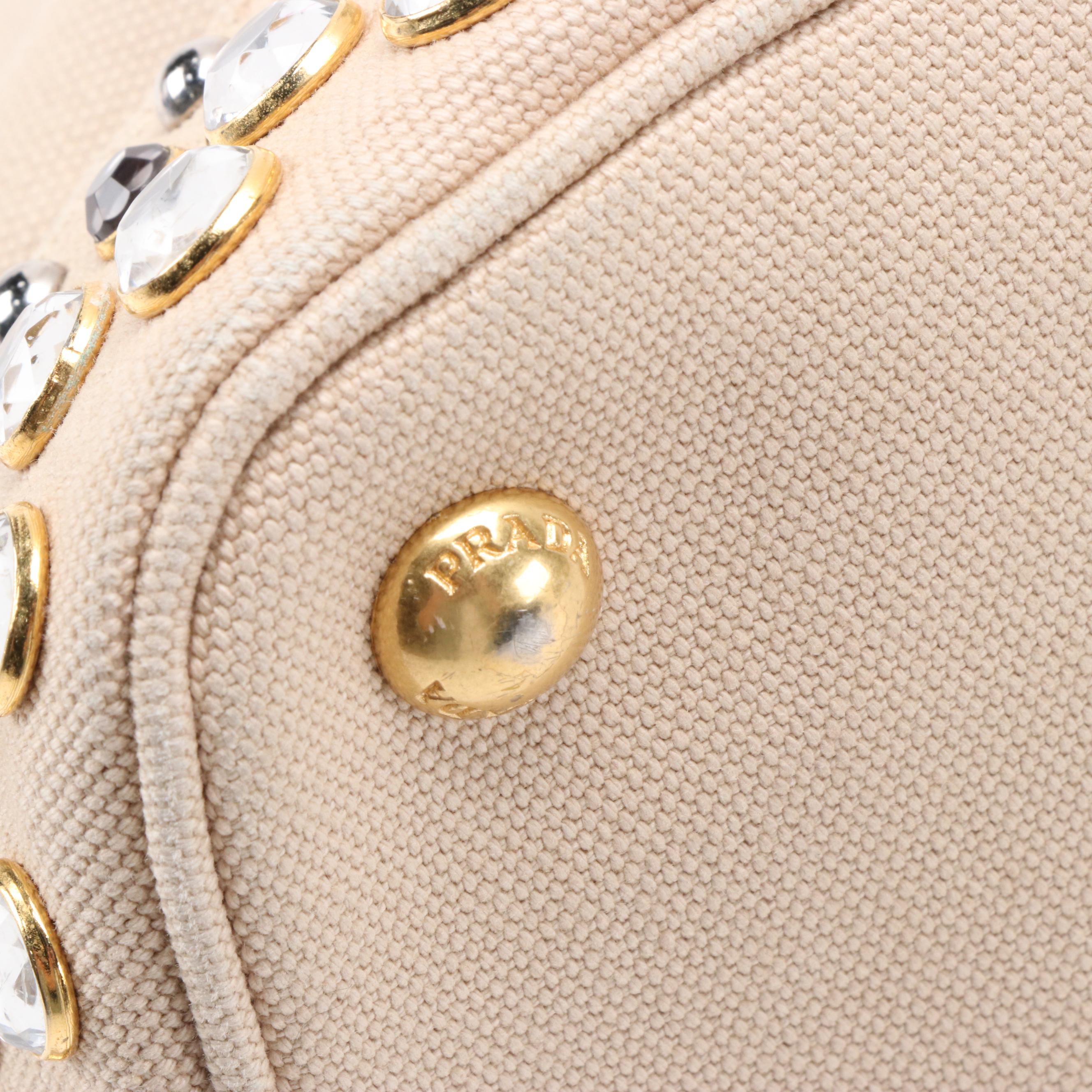 Prada Studded Beige Canvas Large Domed Satchel with Saffiano Leather Trim