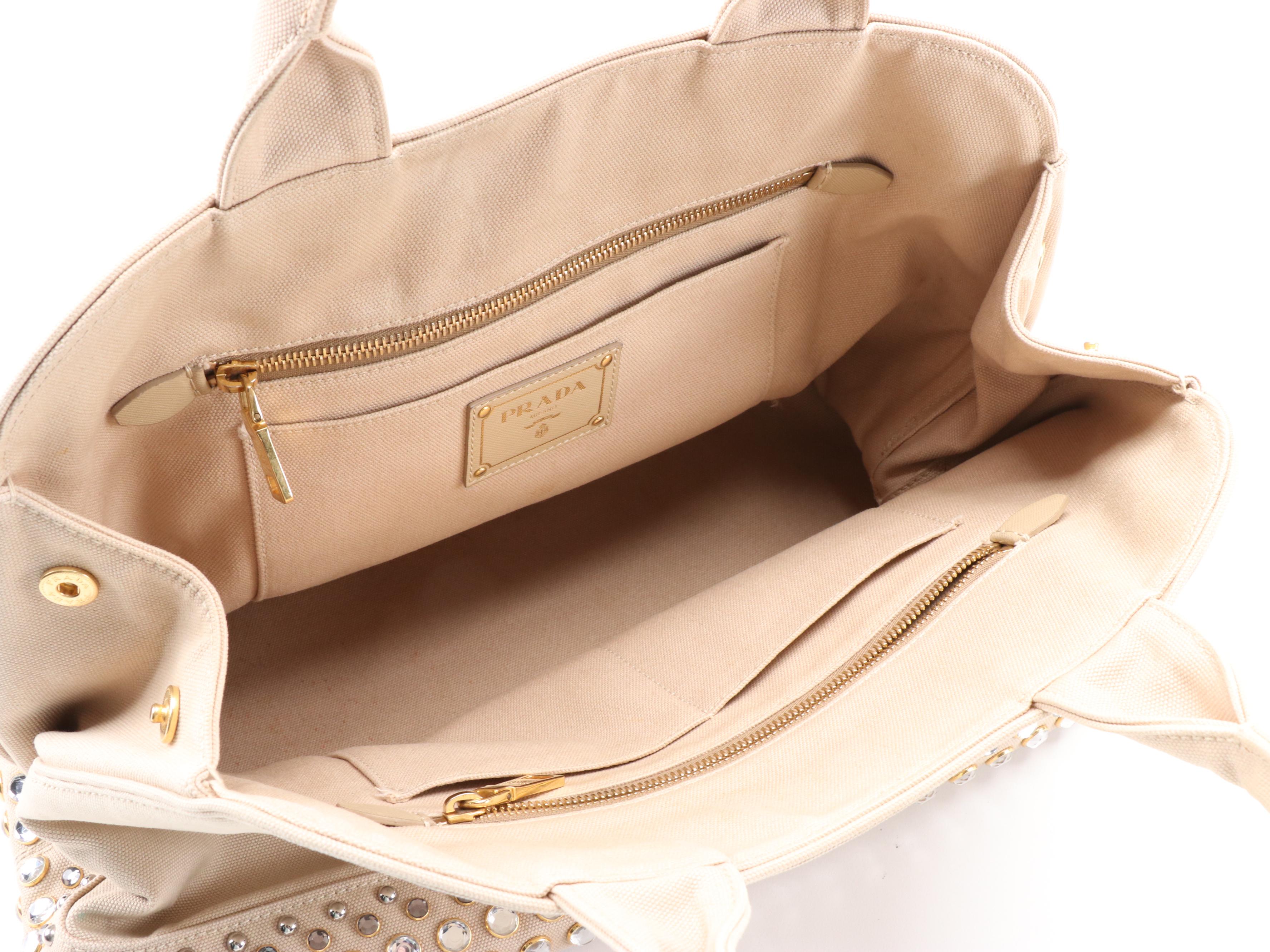 Prada Studded Beige Canvas Large Domed Satchel with Saffiano Leather Trim