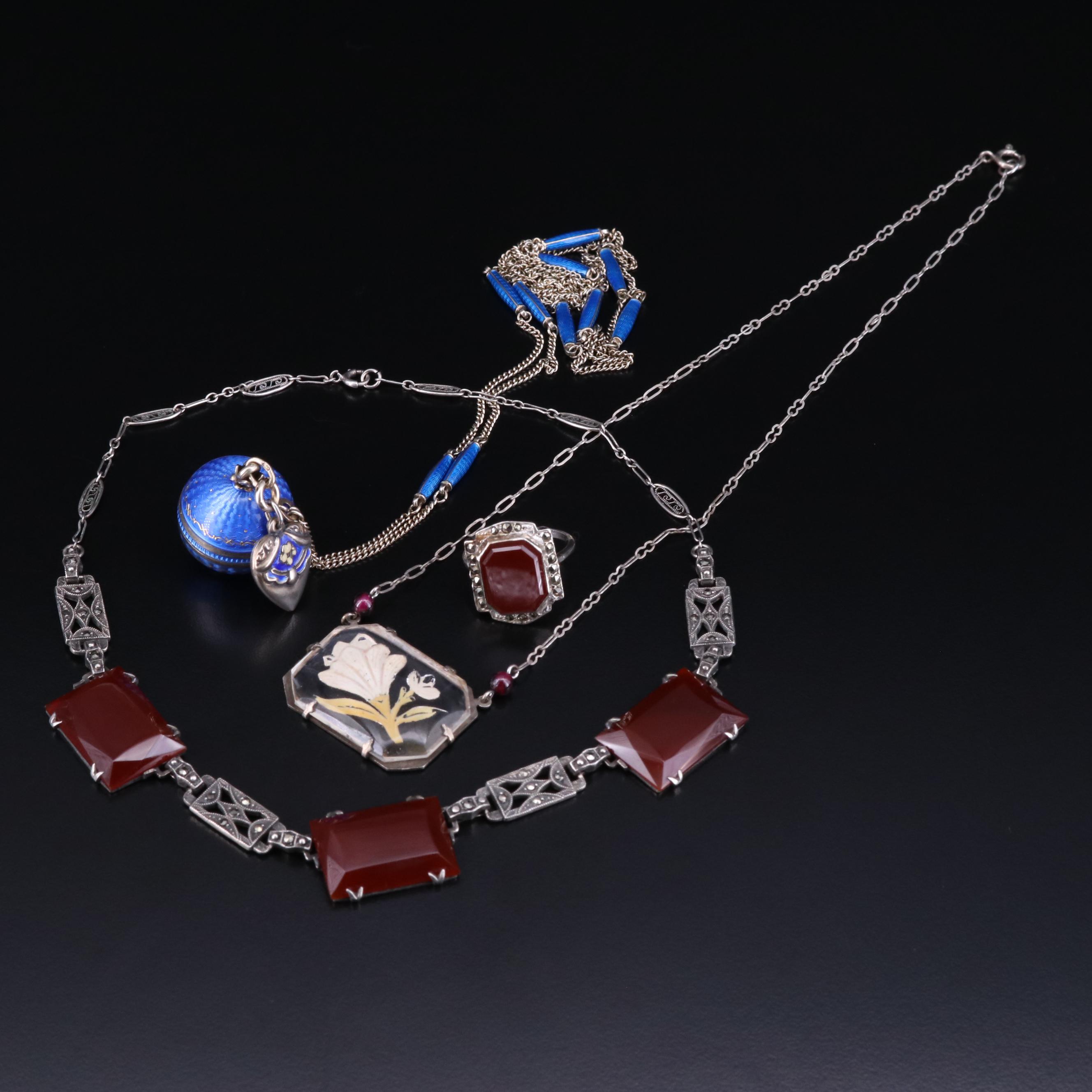 Art Deco Sterling Necklaces and Ring Featuring Glass, Enamel and Gemstones