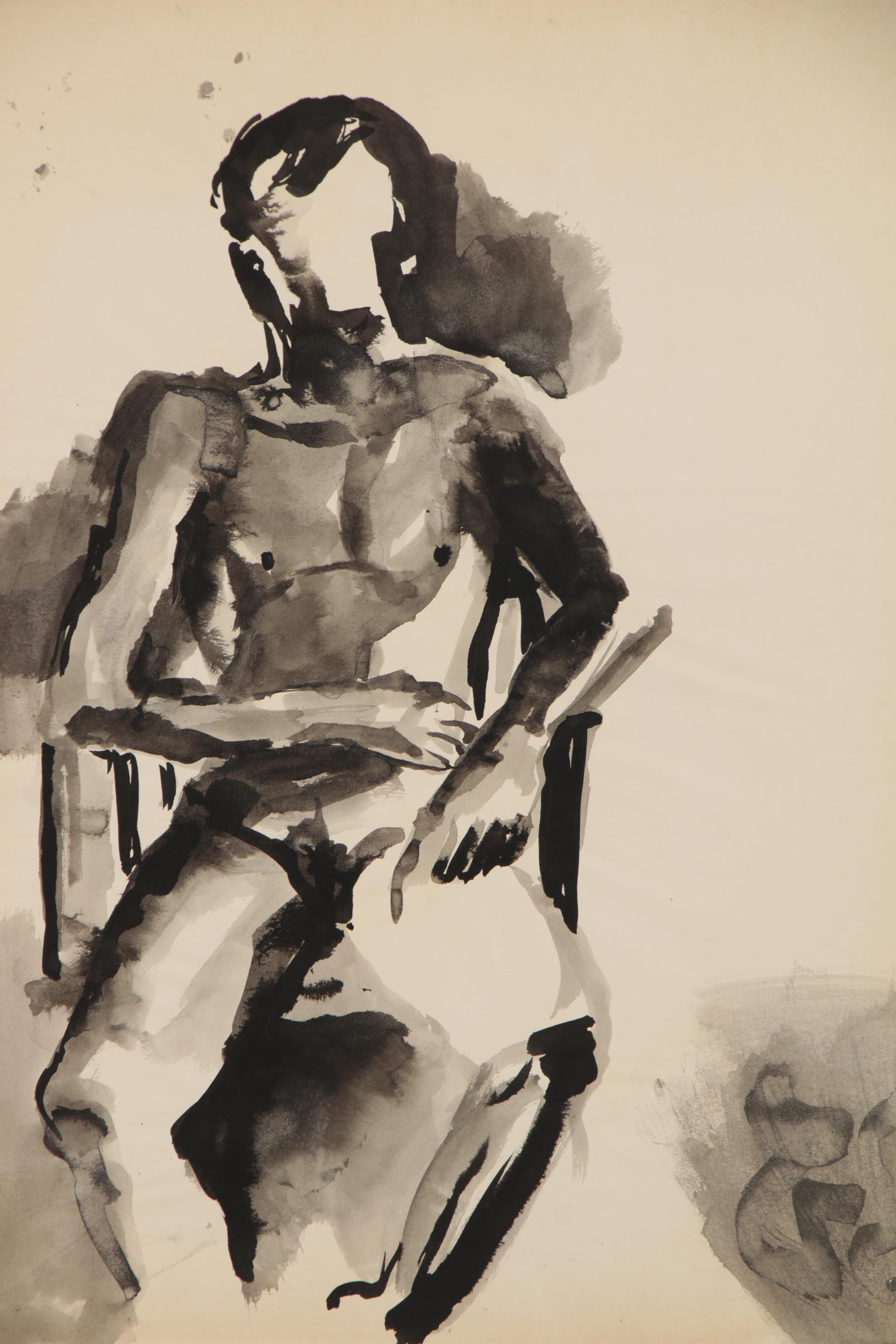 Modern Charcoal and Ink Figurative Gesture Drawings, circa 1960s