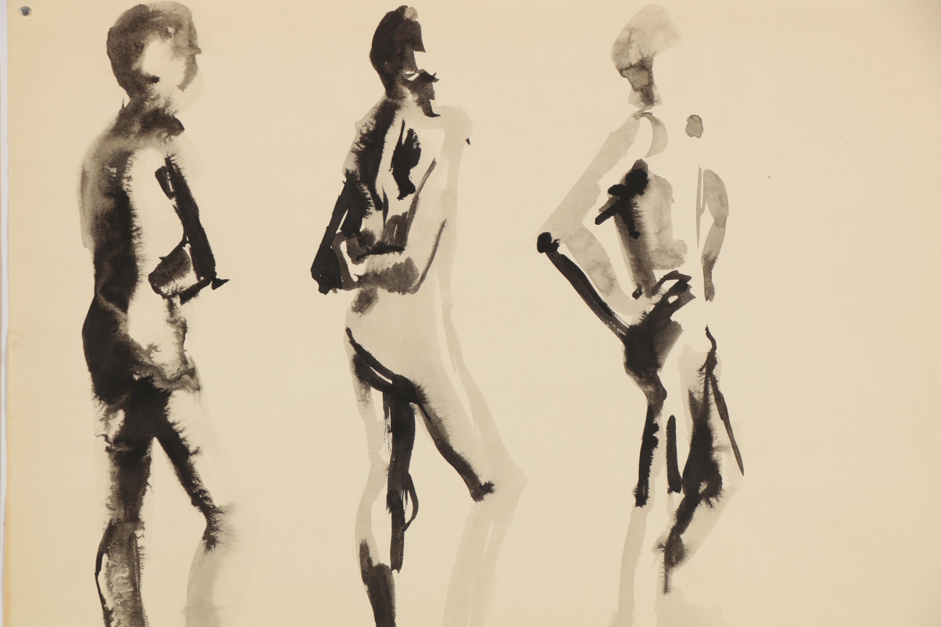 Modern Charcoal and Ink Figurative Gesture Drawings, circa 1960s