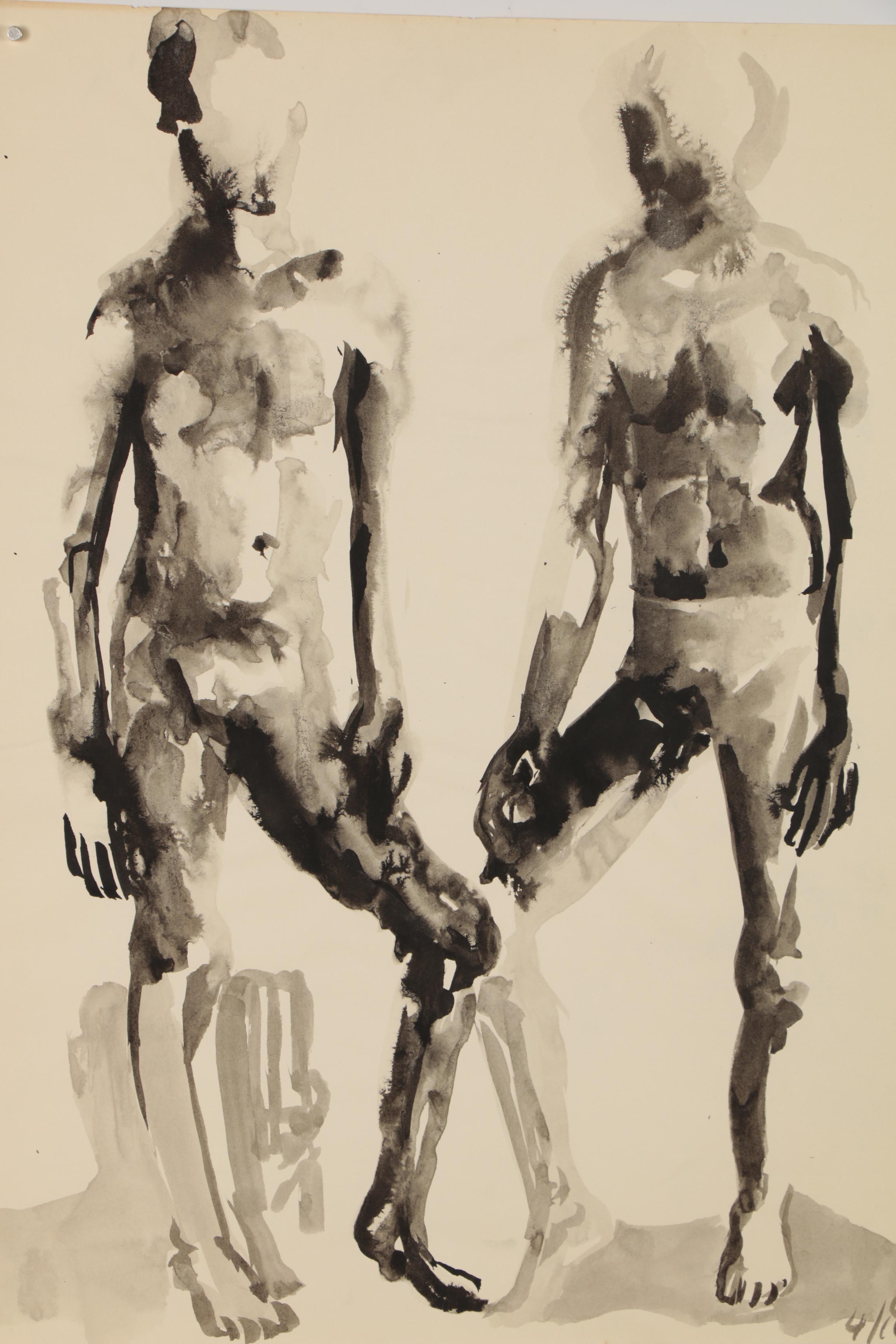Modern Charcoal and Ink Figurative Gesture Drawings, circa 1960s