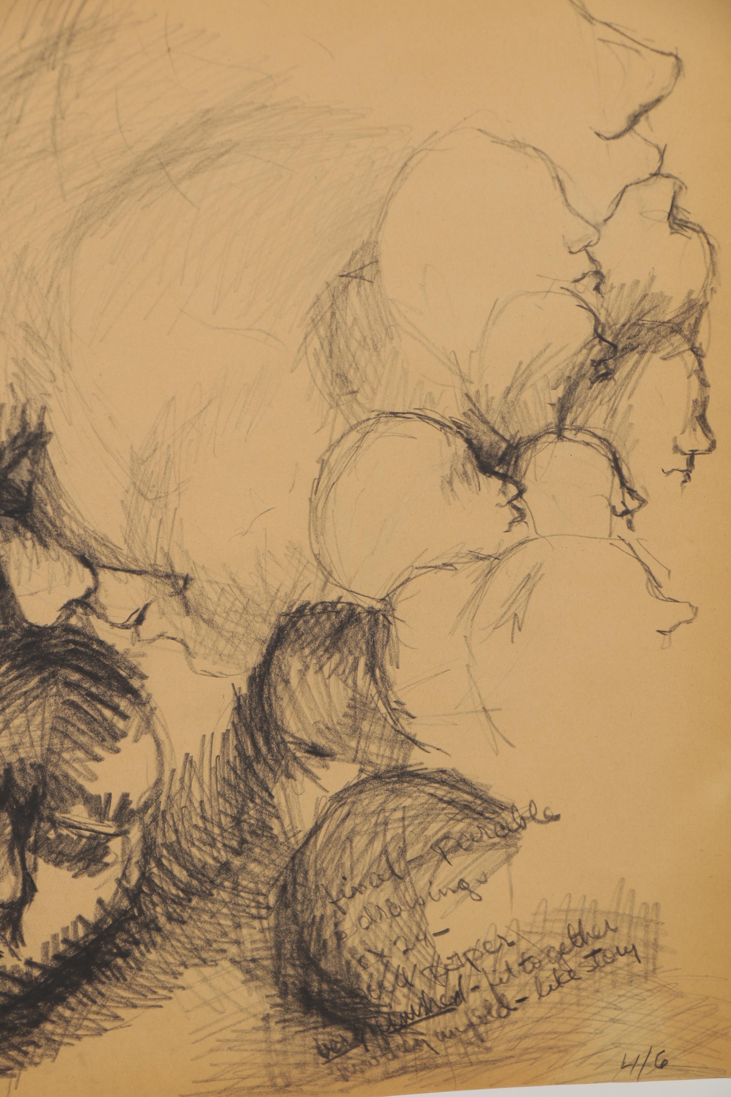 Modern Charcoal and Ink Figurative Gesture Drawings, circa 1960s