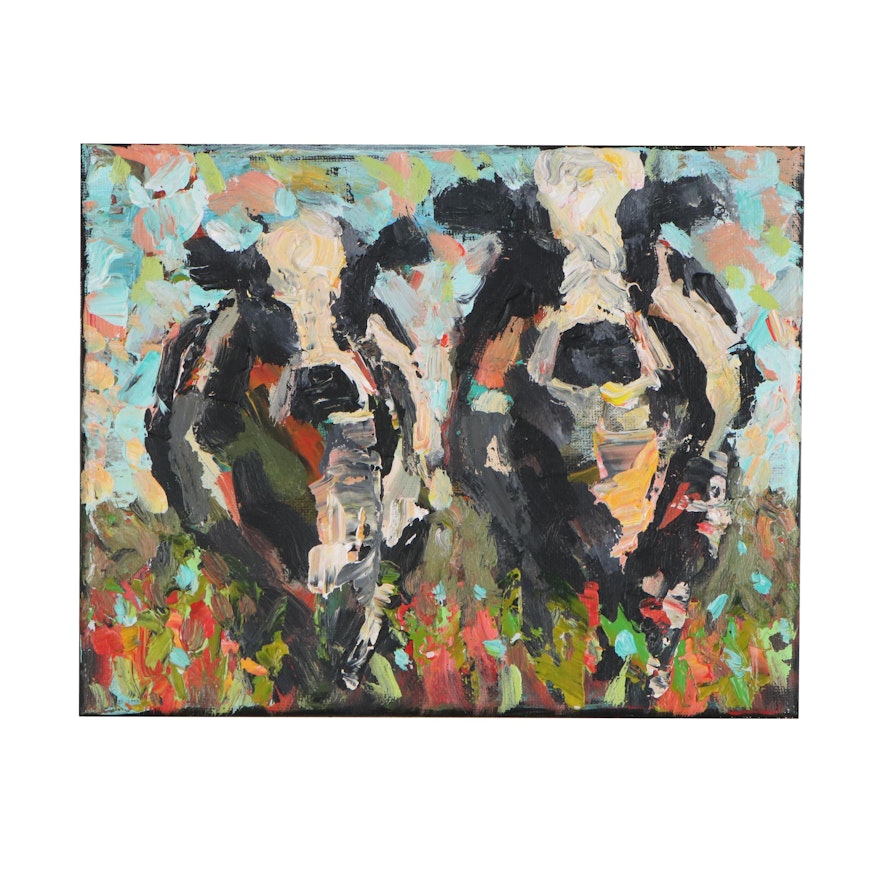 Elle Raines Acrylic Painting of a Cows