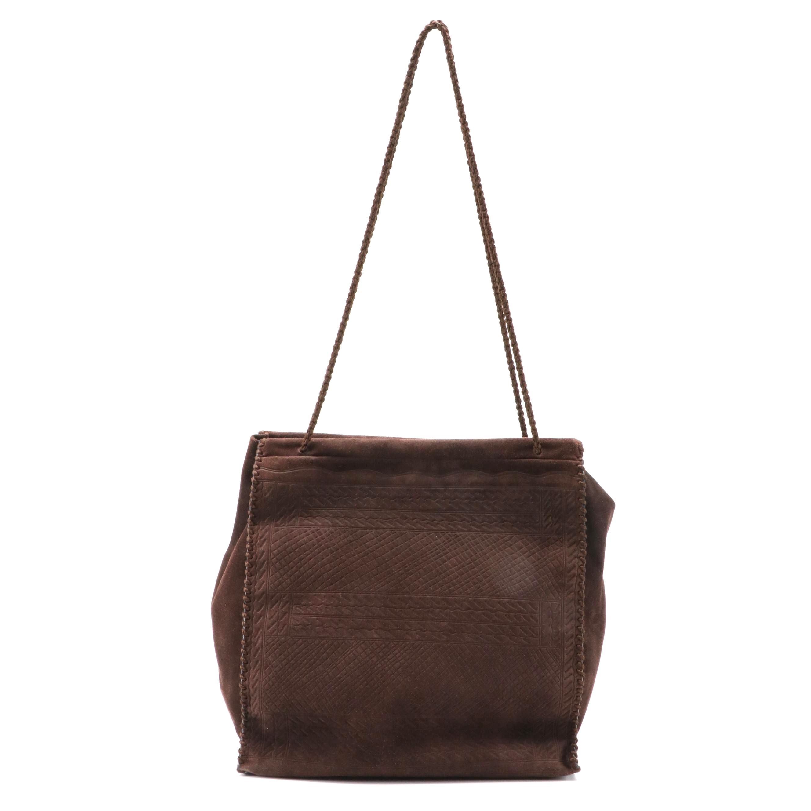 Prada Dark Brown Embossed Suede Tote Bag with Whipstitch Trim