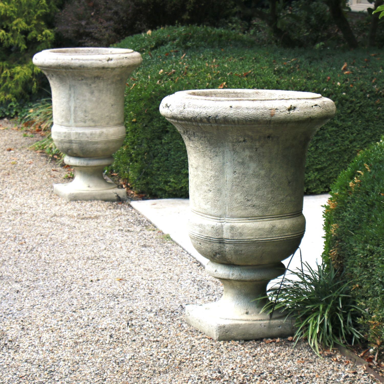Pair of Large Scale Concrete Outdoor Pedestal Planters