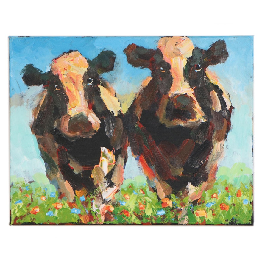 Elle Raines Acrylic Painting of Cows