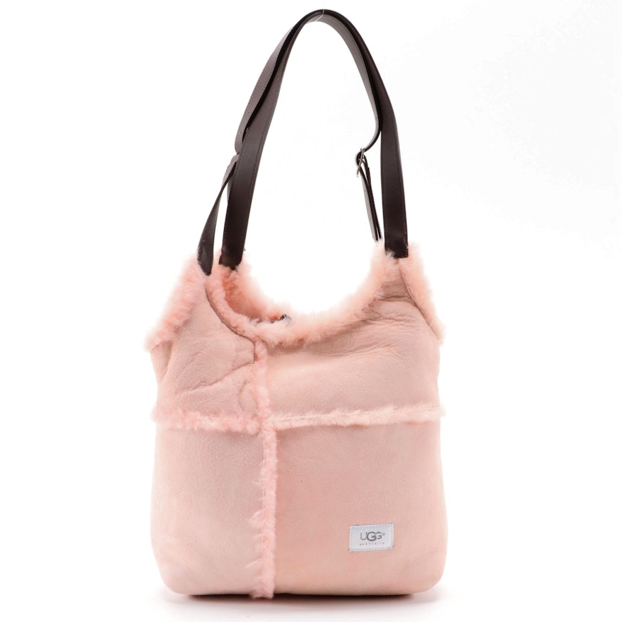 UGG Australia Pink Sheepskin Suede and Shearling Shopper Bag with Leather Pouch