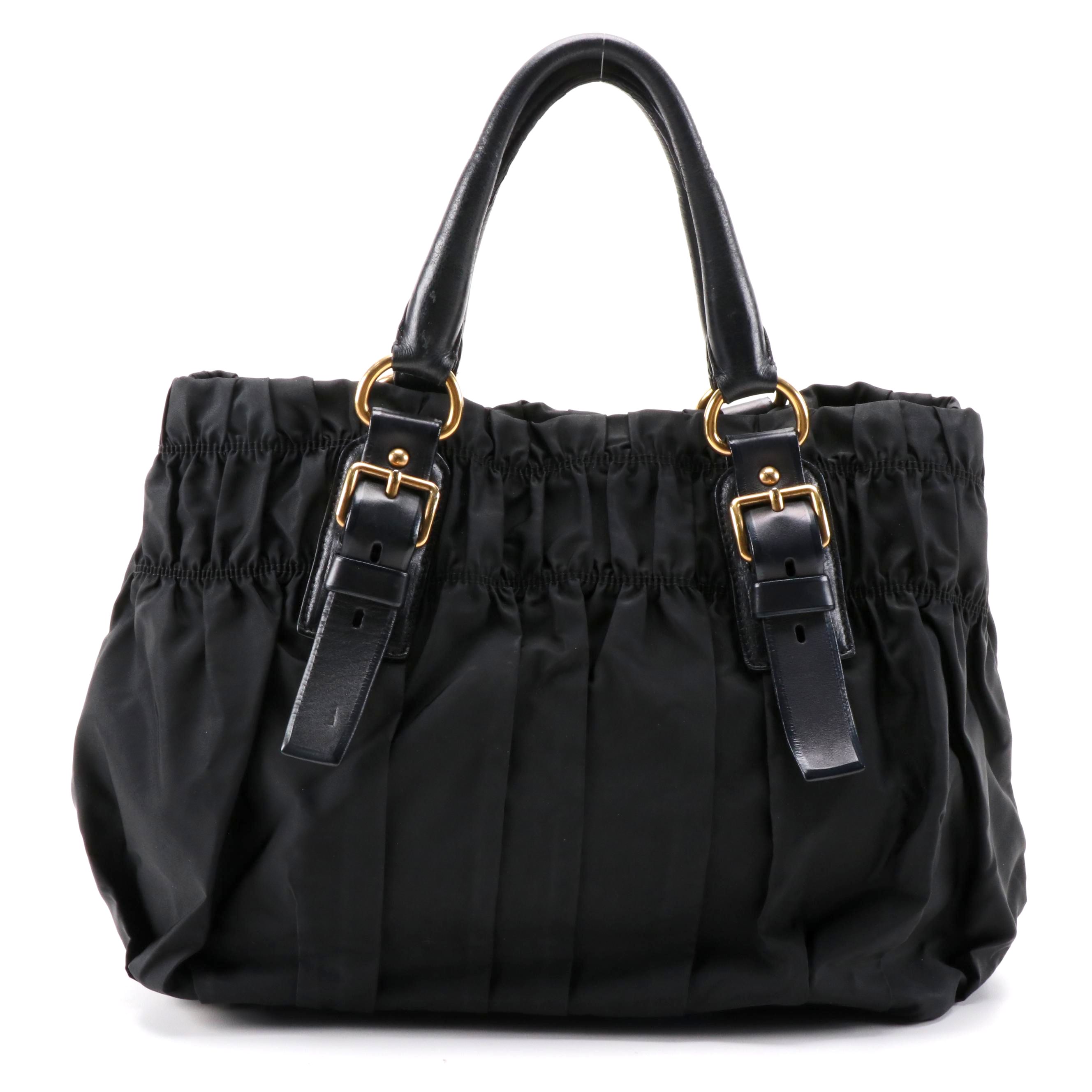 Prada Gathered Nylon Tote Handbag in Black with Leather Trim