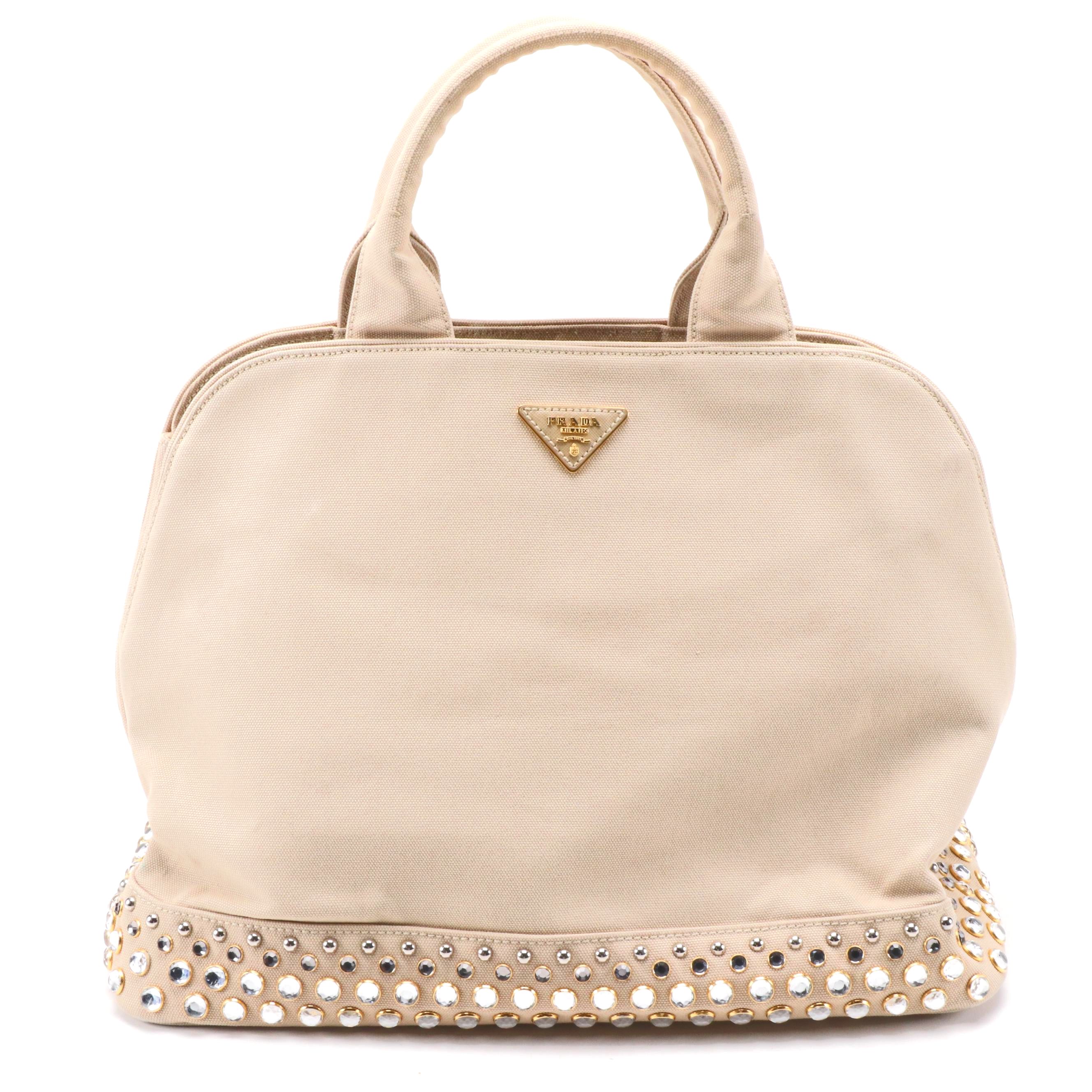 Prada Studded Beige Canvas Large Domed Satchel with Saffiano Leather Trim