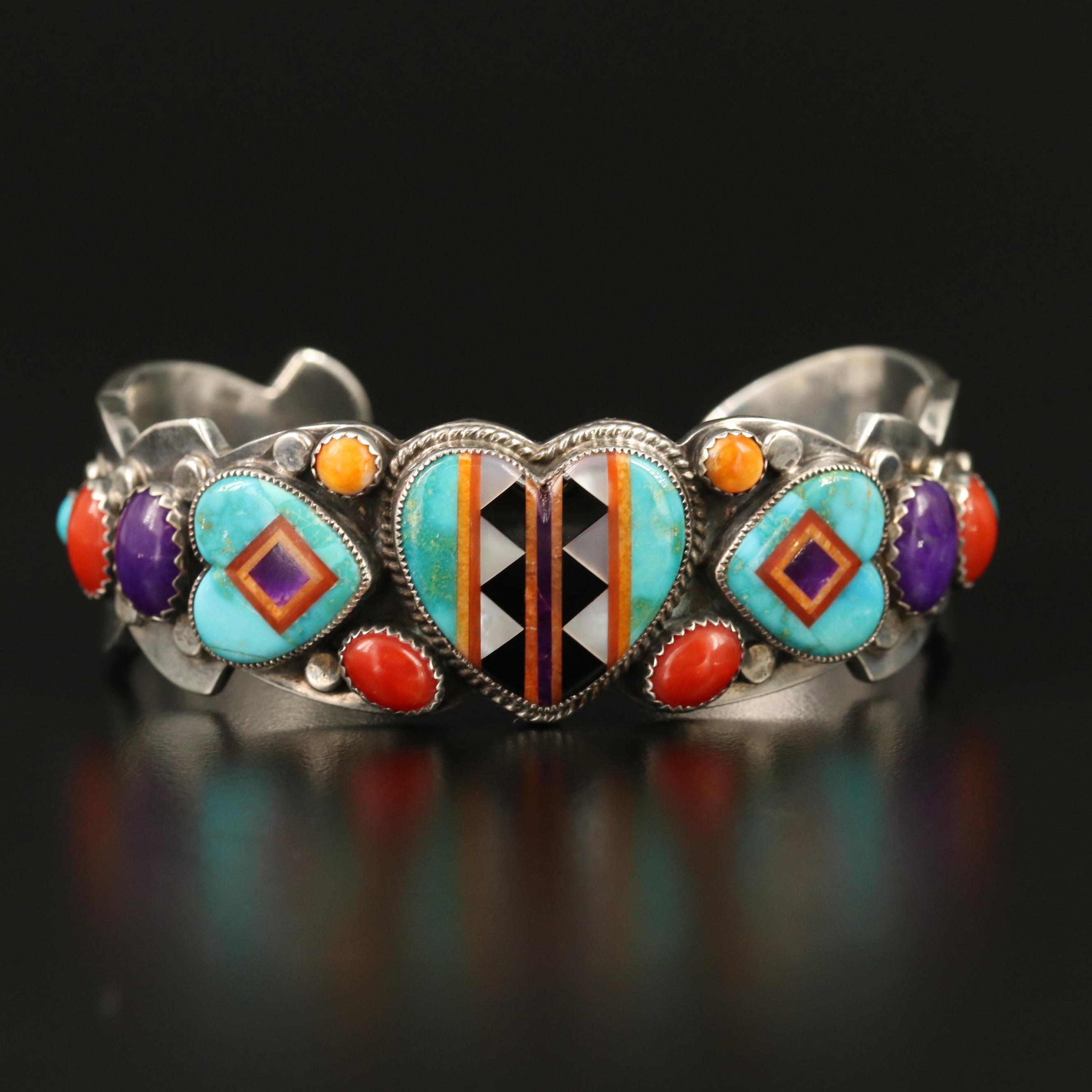 Aldrich Art Sterling Turquoise, Coral and Spiny Oyster Intarsia Inlay Cuff