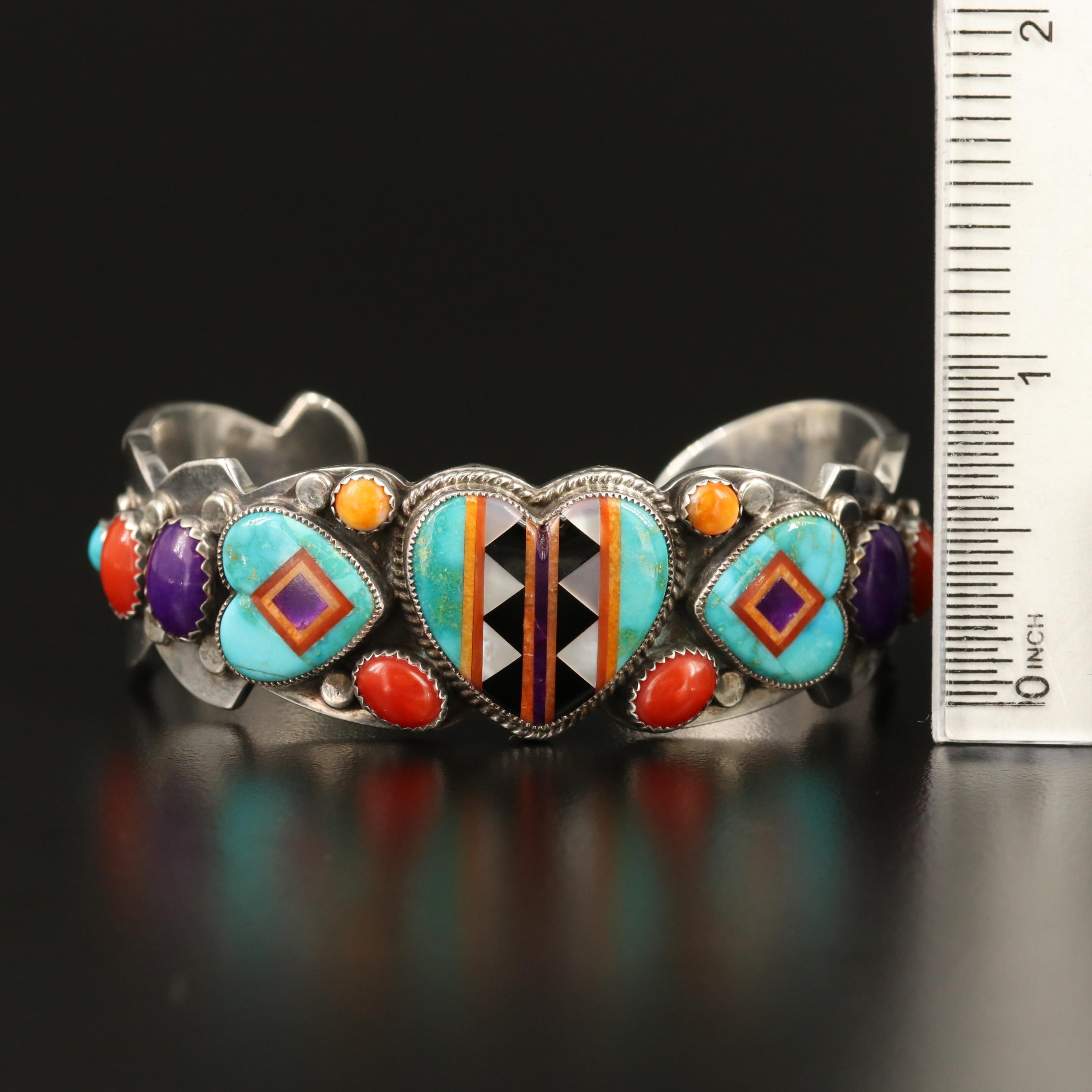 Aldrich Art Sterling Turquoise, Coral and Spiny Oyster Intarsia Inlay Cuff