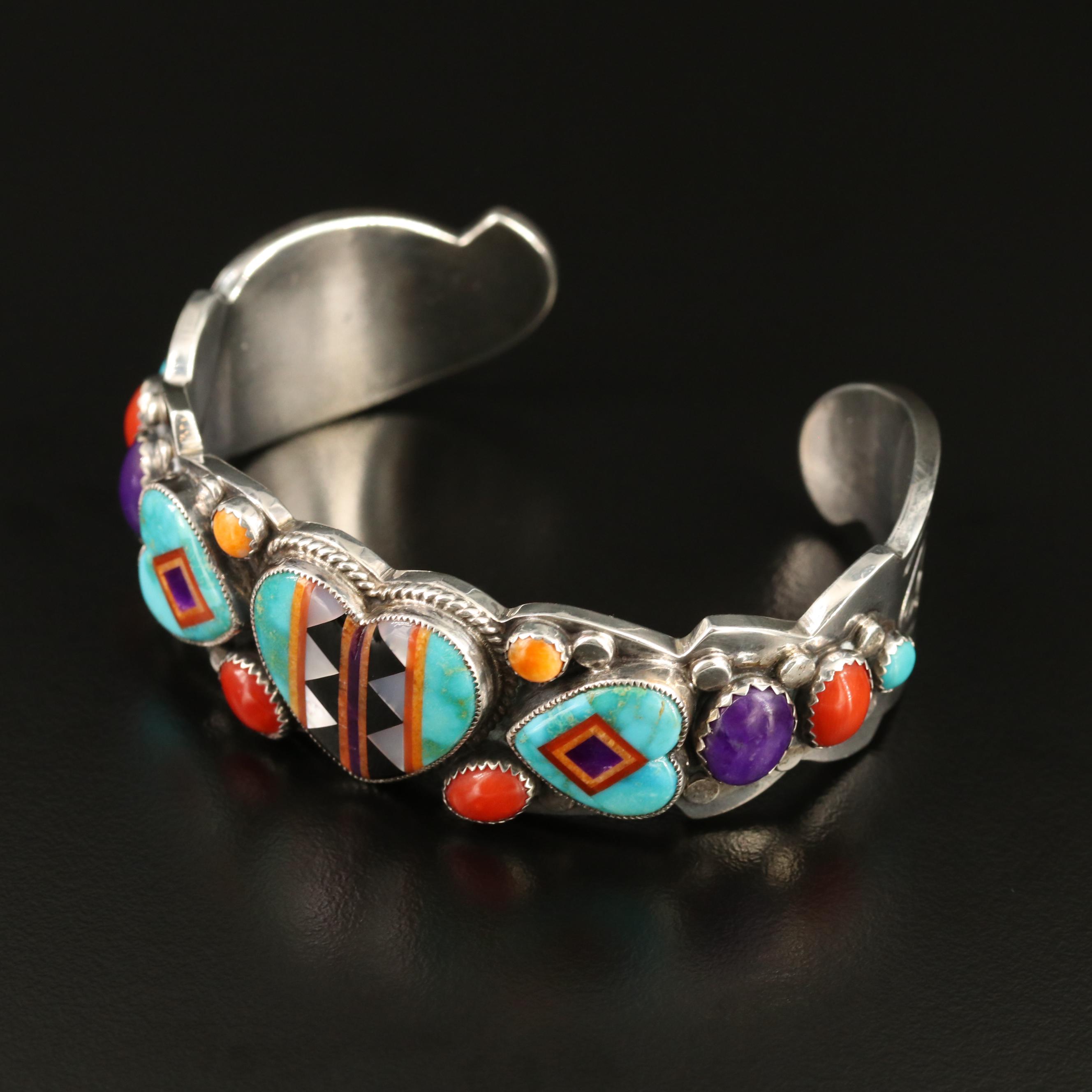 Aldrich Art Sterling Turquoise, Coral and Spiny Oyster Intarsia Inlay Cuff