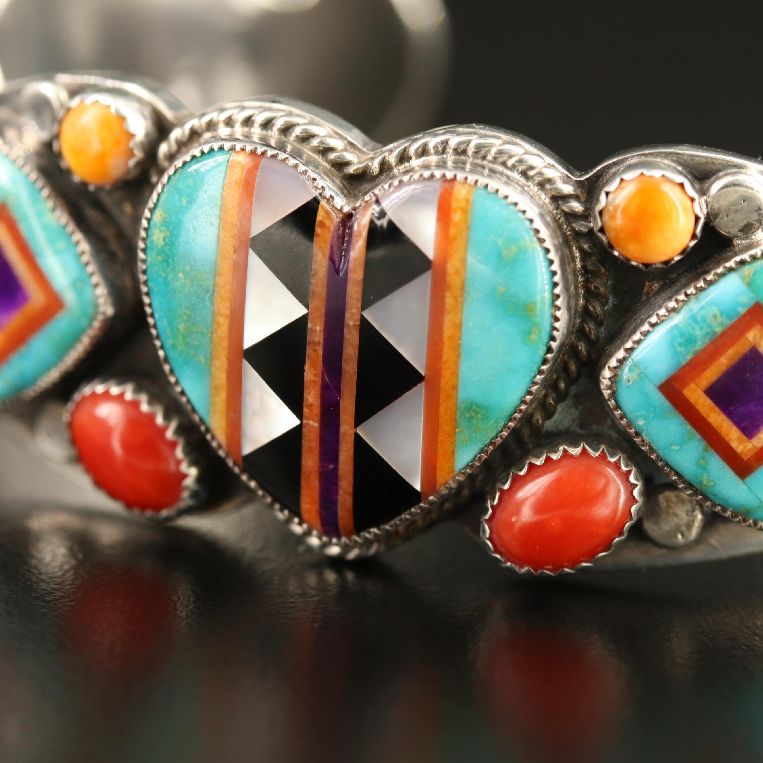 Aldrich Art Sterling Turquoise, Coral and Spiny Oyster Intarsia Inlay Cuff