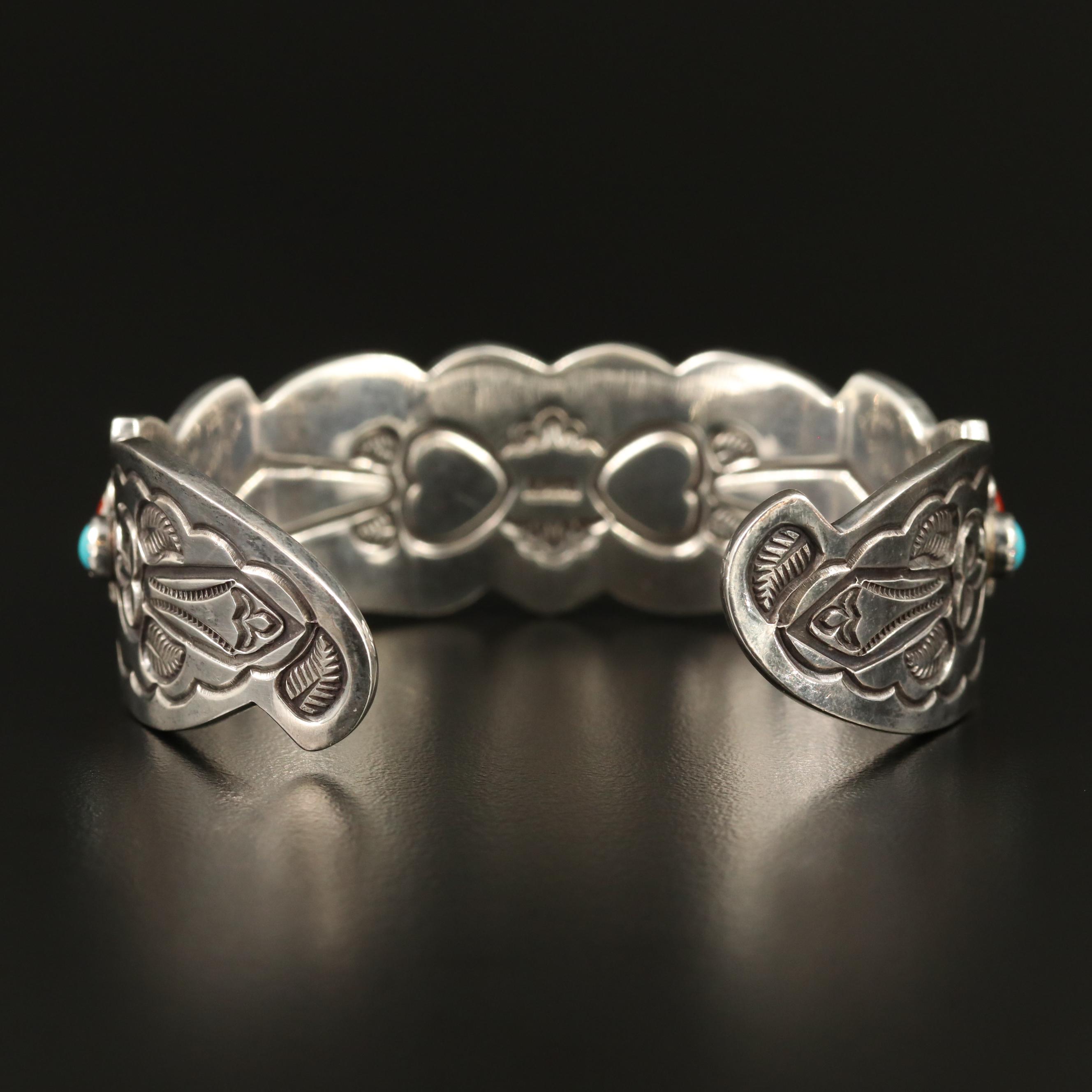 Aldrich Art Sterling Turquoise, Coral and Spiny Oyster Intarsia Inlay Cuff