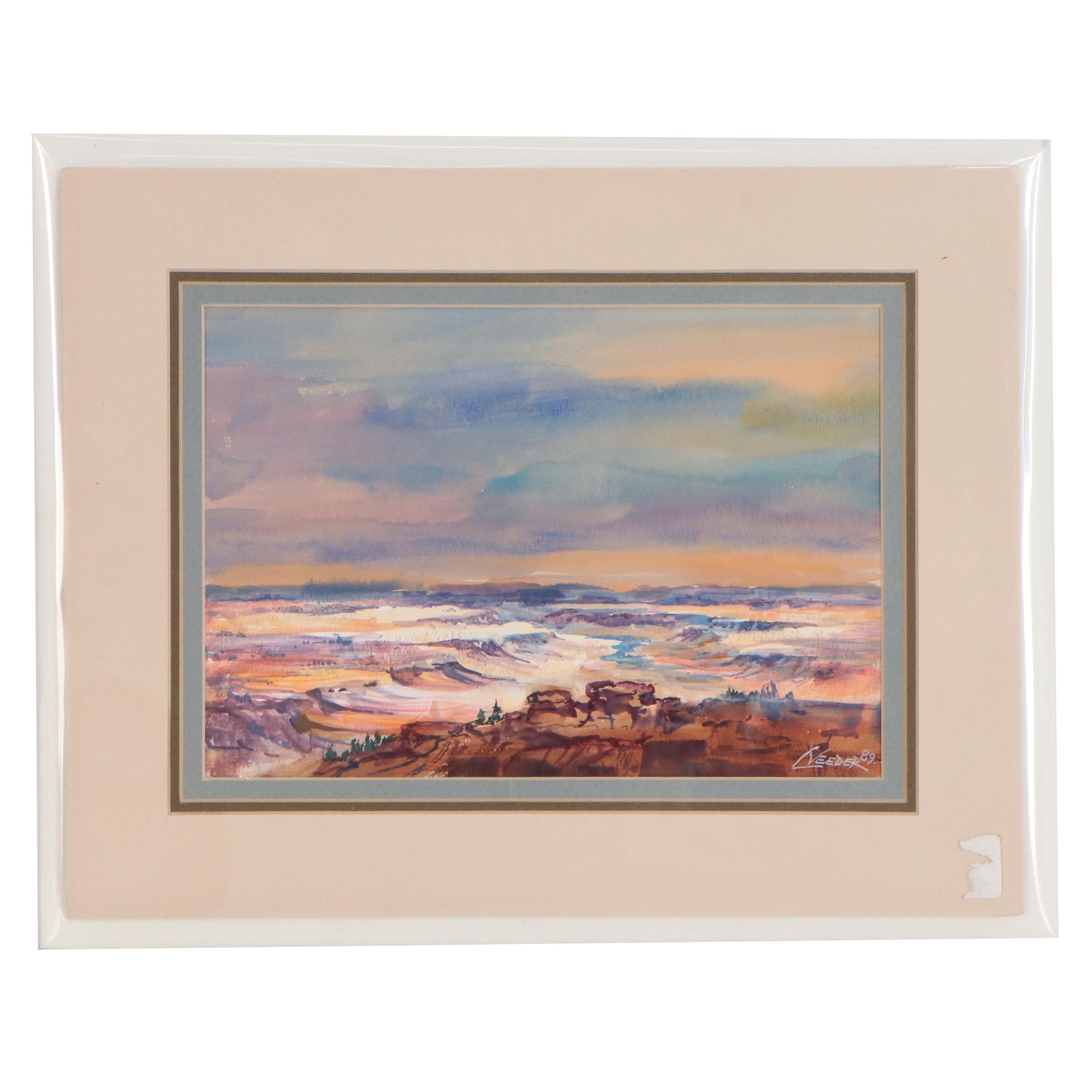 Larry Veeder Western Desert Landscape Gouache Painting, 1989