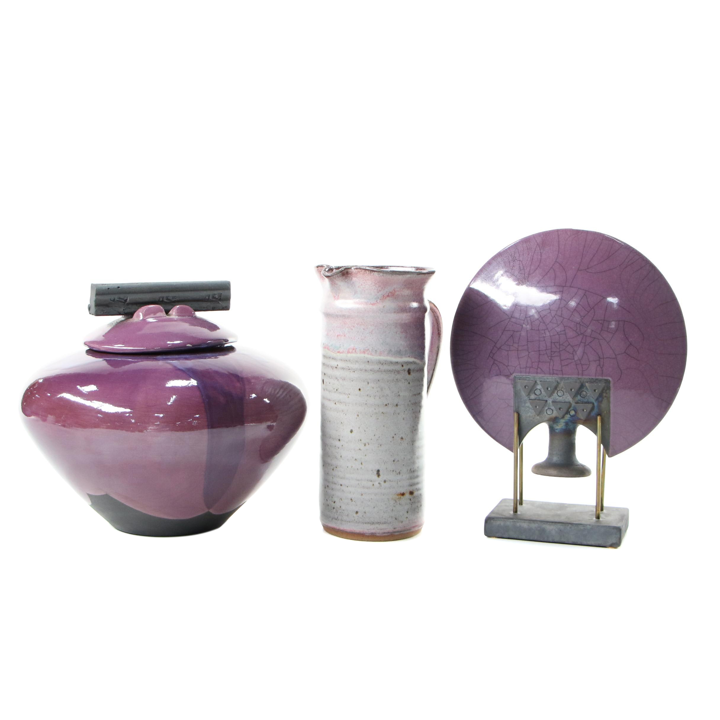 Marc Hansen Pottery Vessel and Lid, Studio Pottery Bud Vase, and Pottery Pitcher