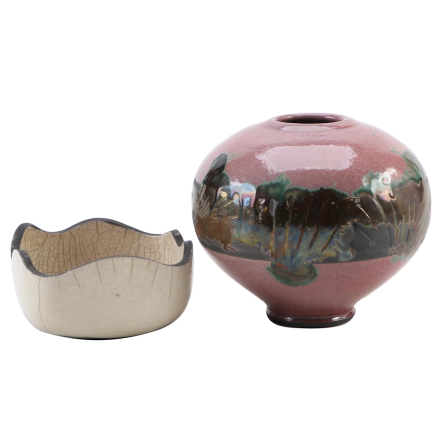 Neal Pottery Decorative  Vase and Crackle Glaze Dish