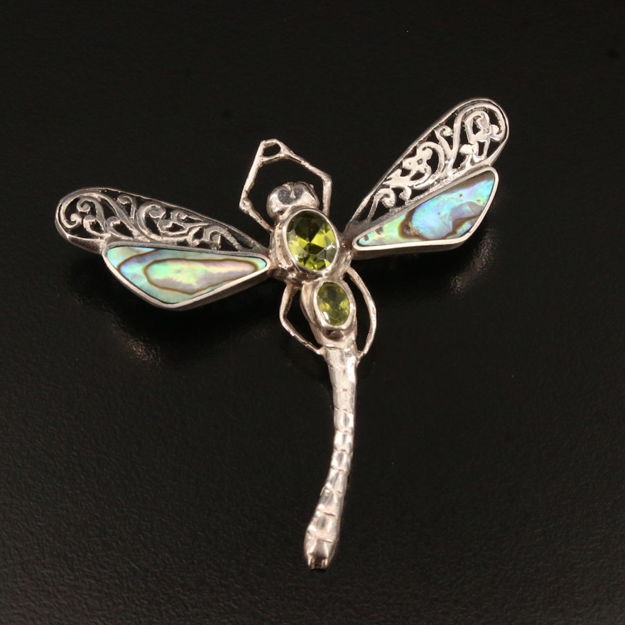 Sterling Silver Peridot and Abalone Dragonfly Converter Brooch