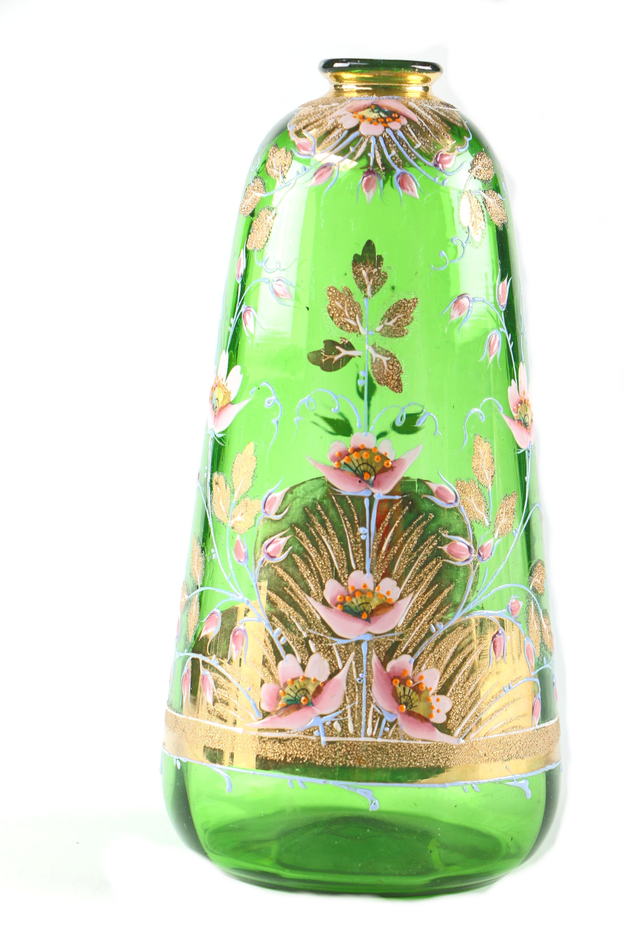 Art Nouveau Green Glass Vase with Enameled Lotus Flower Decoration, Antique
