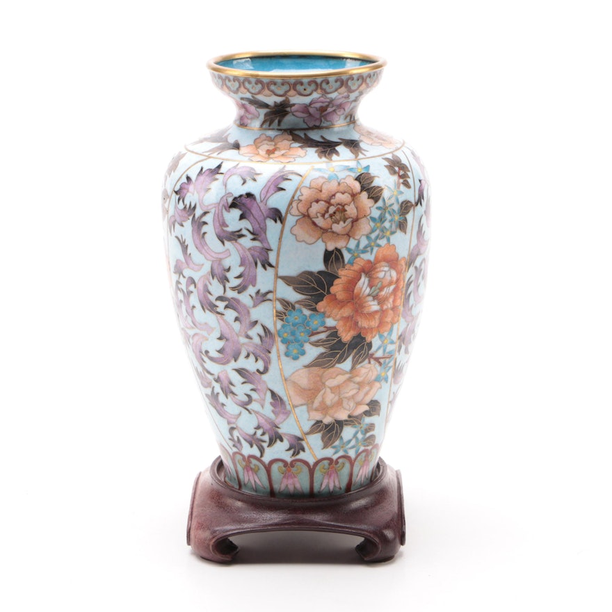 Chinese Floral Motif Cloisonné  Vase with Wood Base, Late 20th Century