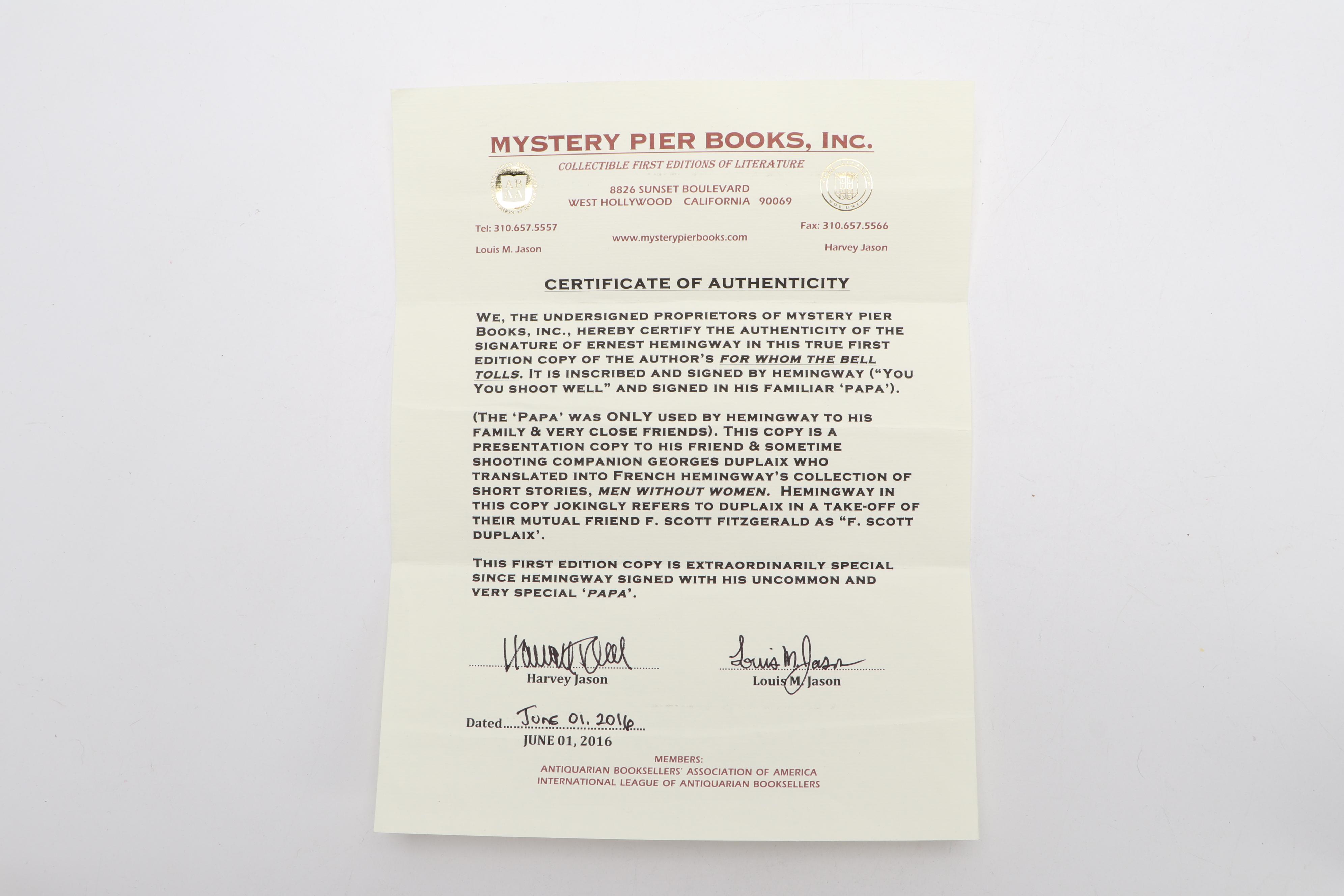 "Papa" Hemingway Signed First Edition "For Whom the Bell Tolls" with COA, 1940