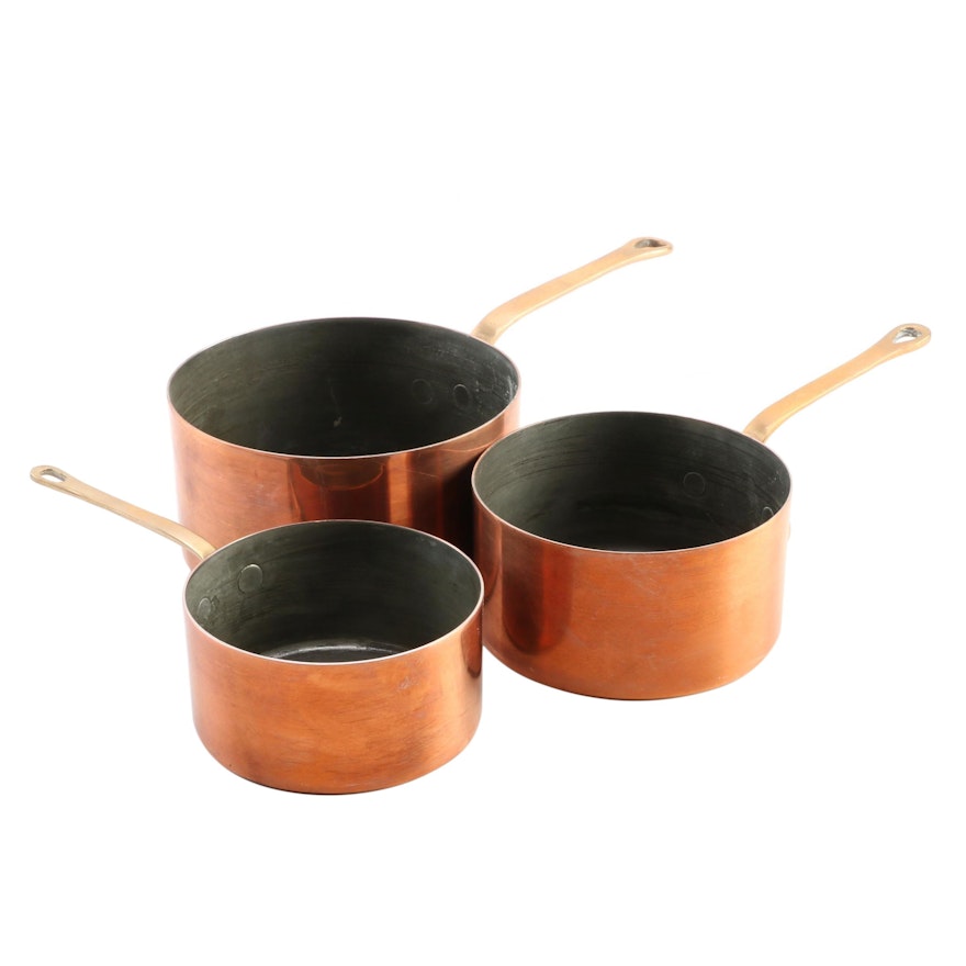 Country Kitchen Copper Pots with Brass Handles, Mid to Late 20th Century