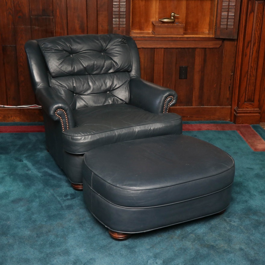 Hickorycraft Navy Tufted Leather Armchair and Ottoman