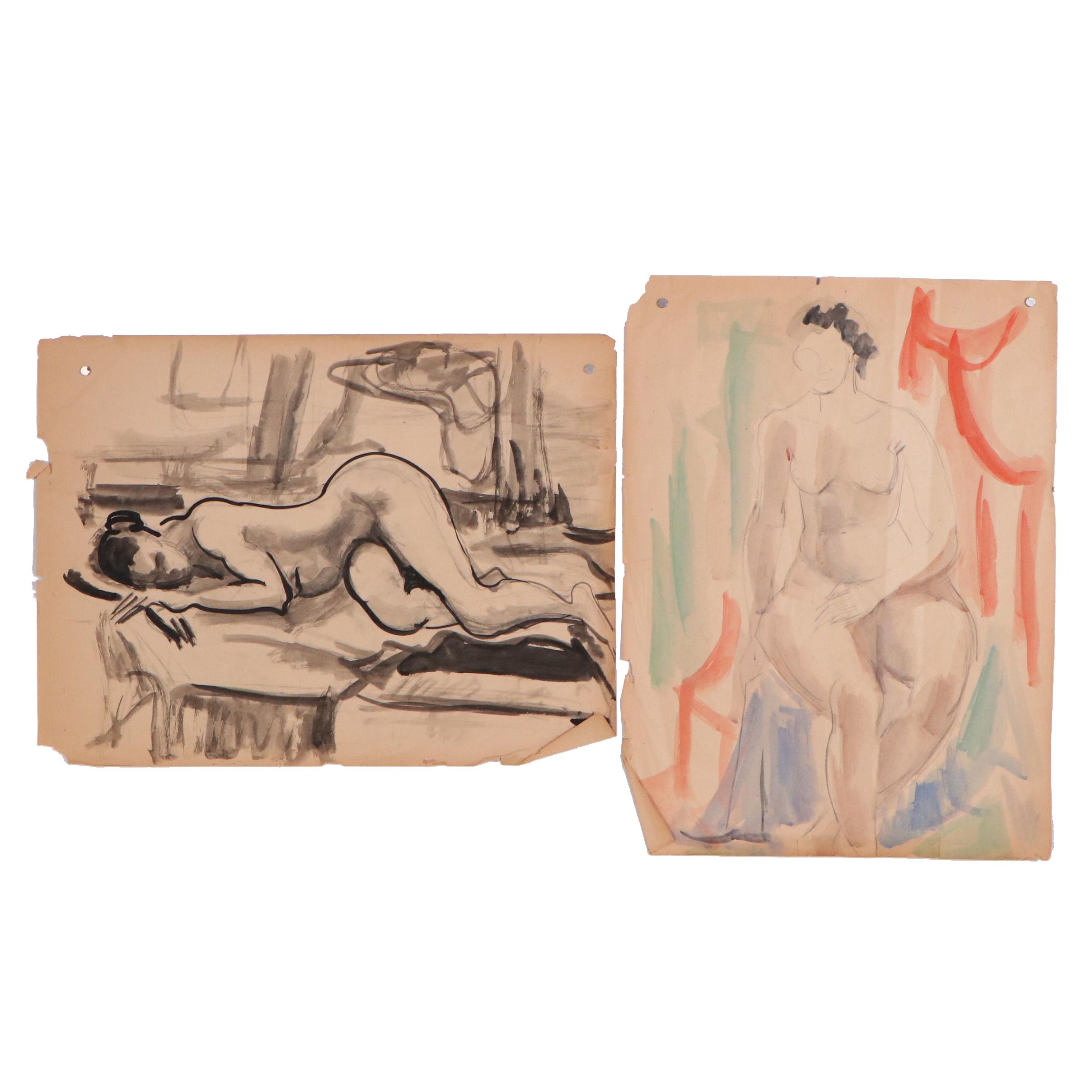 Yolanda Fusco Watercolor Figure Paintings, Mid to Late 20th Century