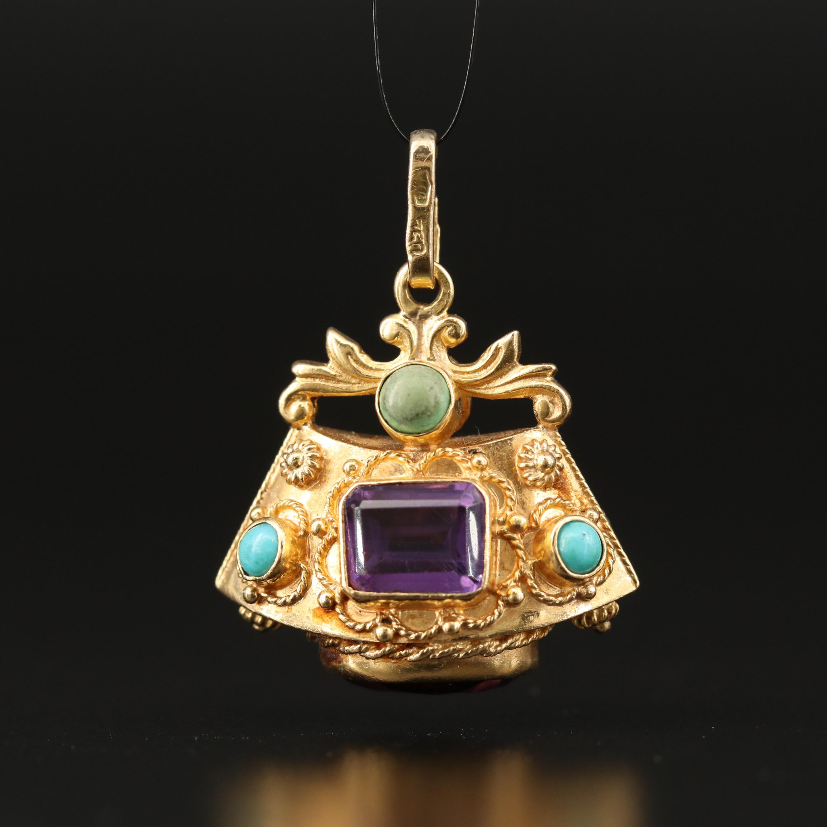 Etruscan Style 18K Amethyst and Turquoise Pendant