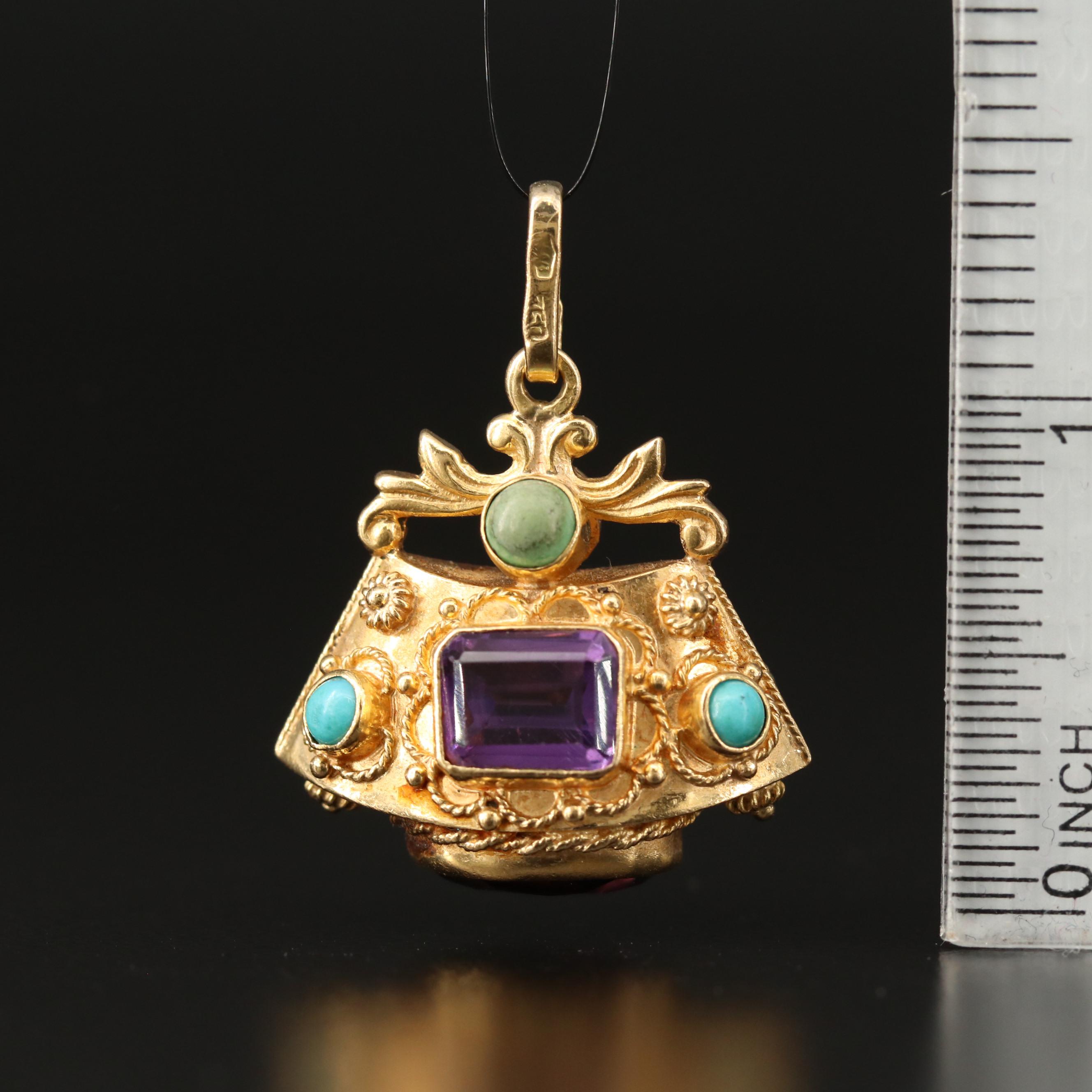 Etruscan Style 18K Amethyst and Turquoise Pendant