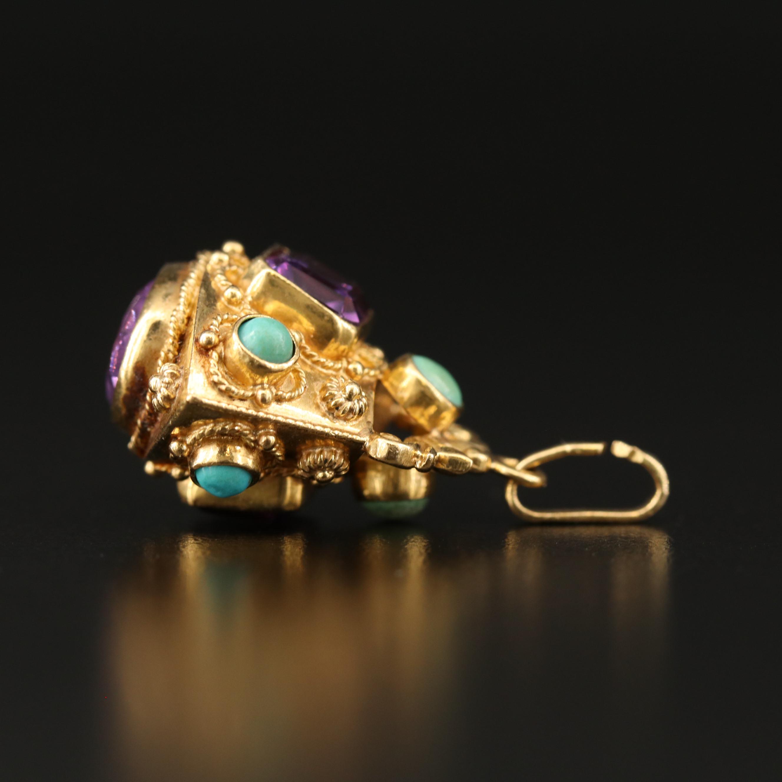 Etruscan Style 18K Amethyst and Turquoise Pendant