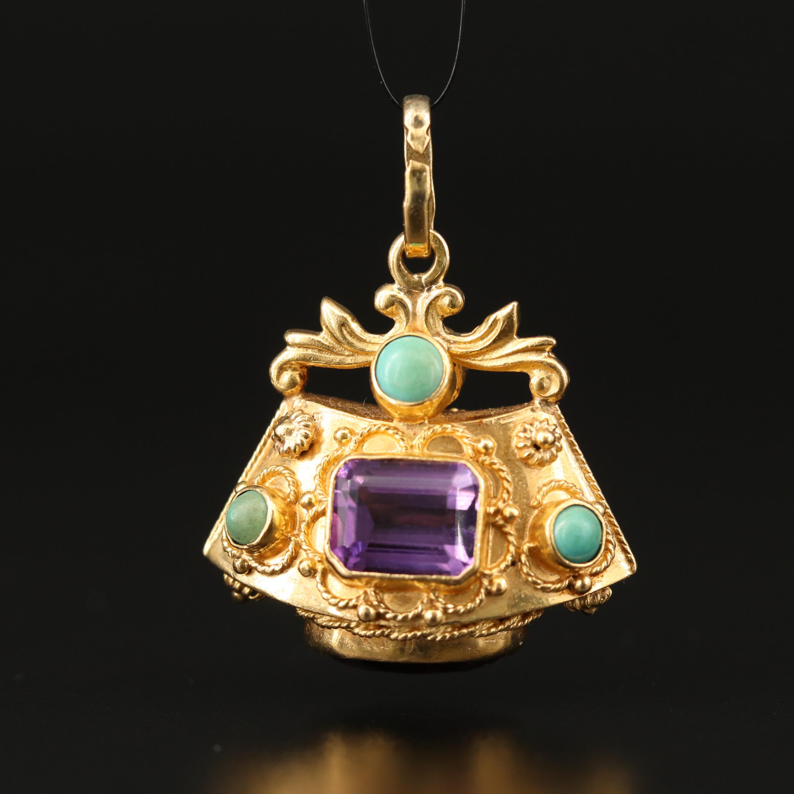 Etruscan Style 18K Amethyst and Turquoise Pendant