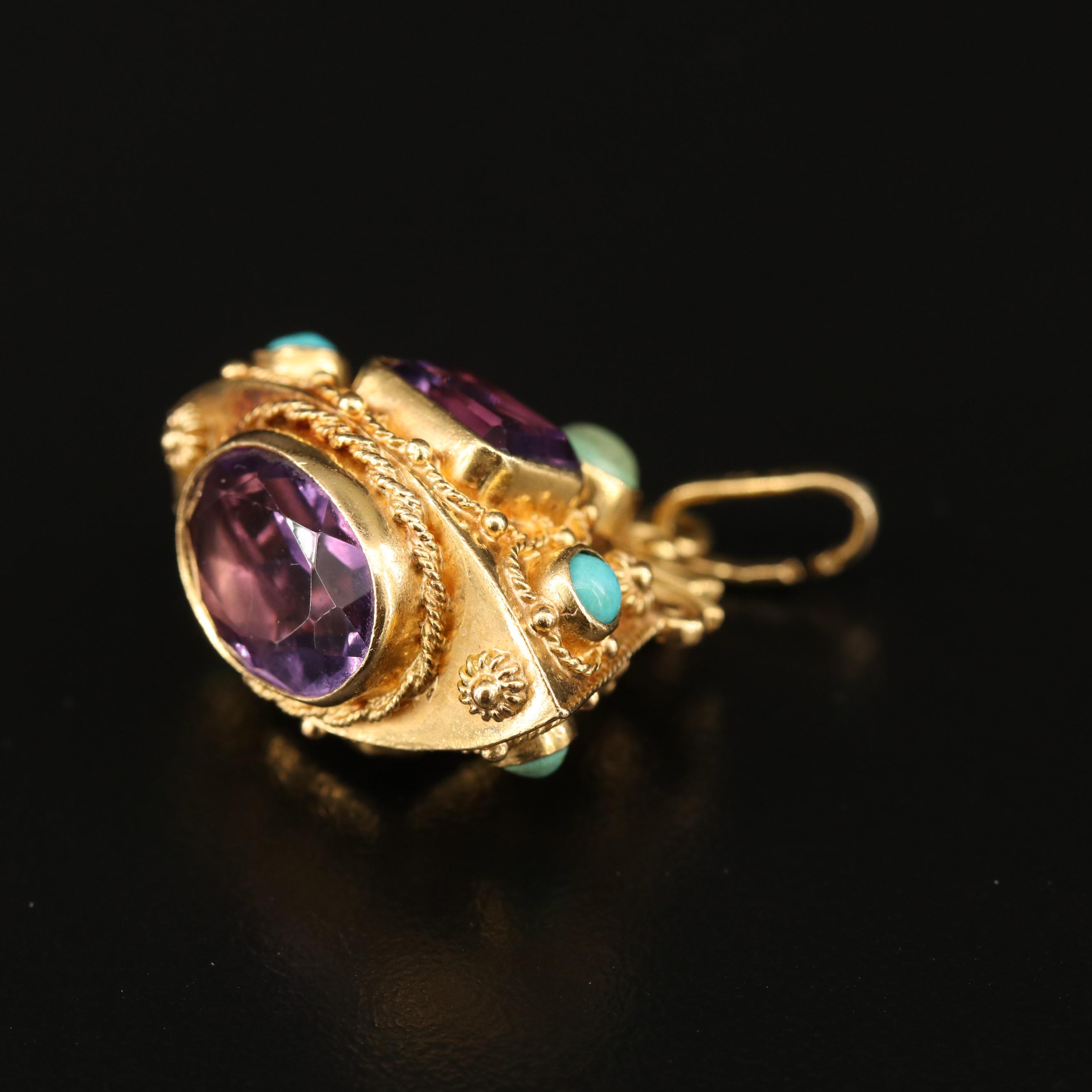 Etruscan Style 18K Amethyst and Turquoise Pendant