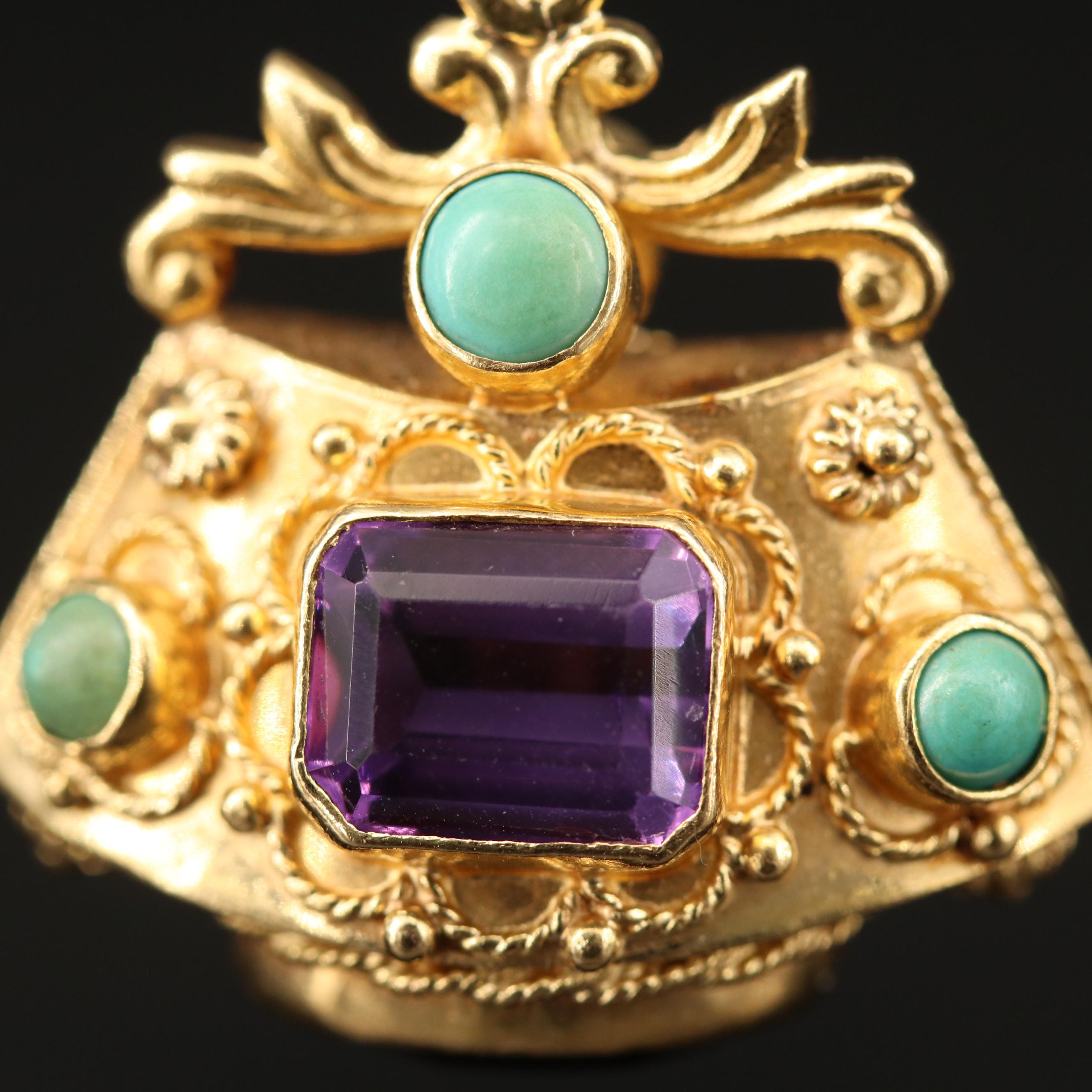 Etruscan Style 18K Amethyst and Turquoise Pendant