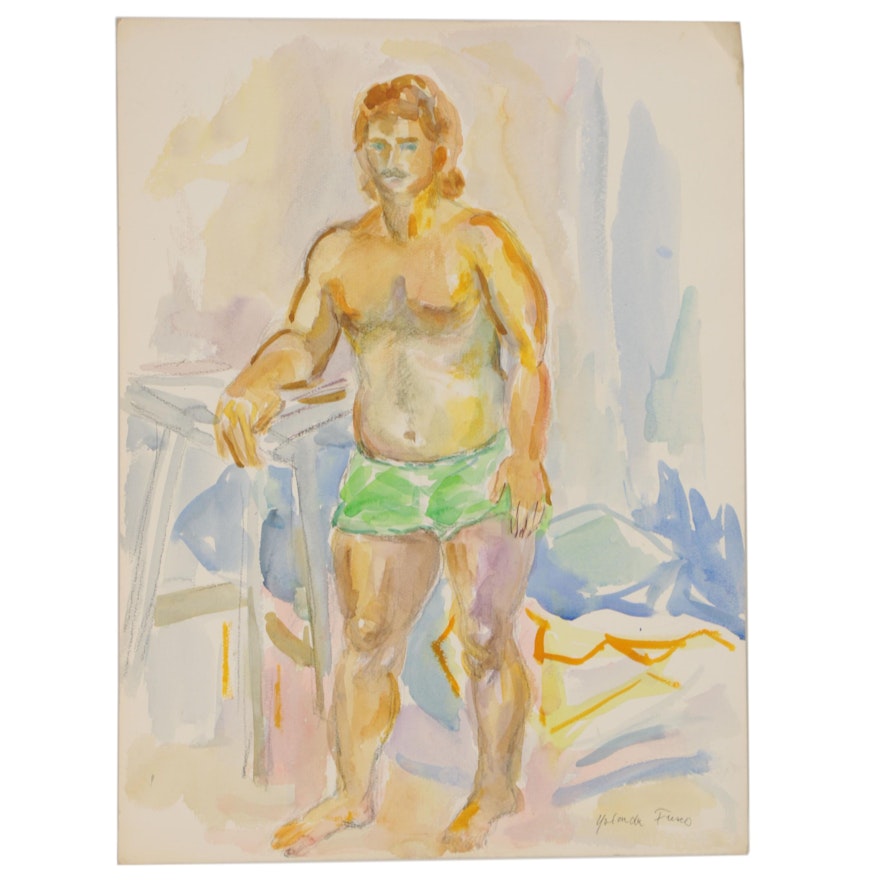 Yolanda Fusco Watercolor Figure Painting, Mid to Late 20th Century