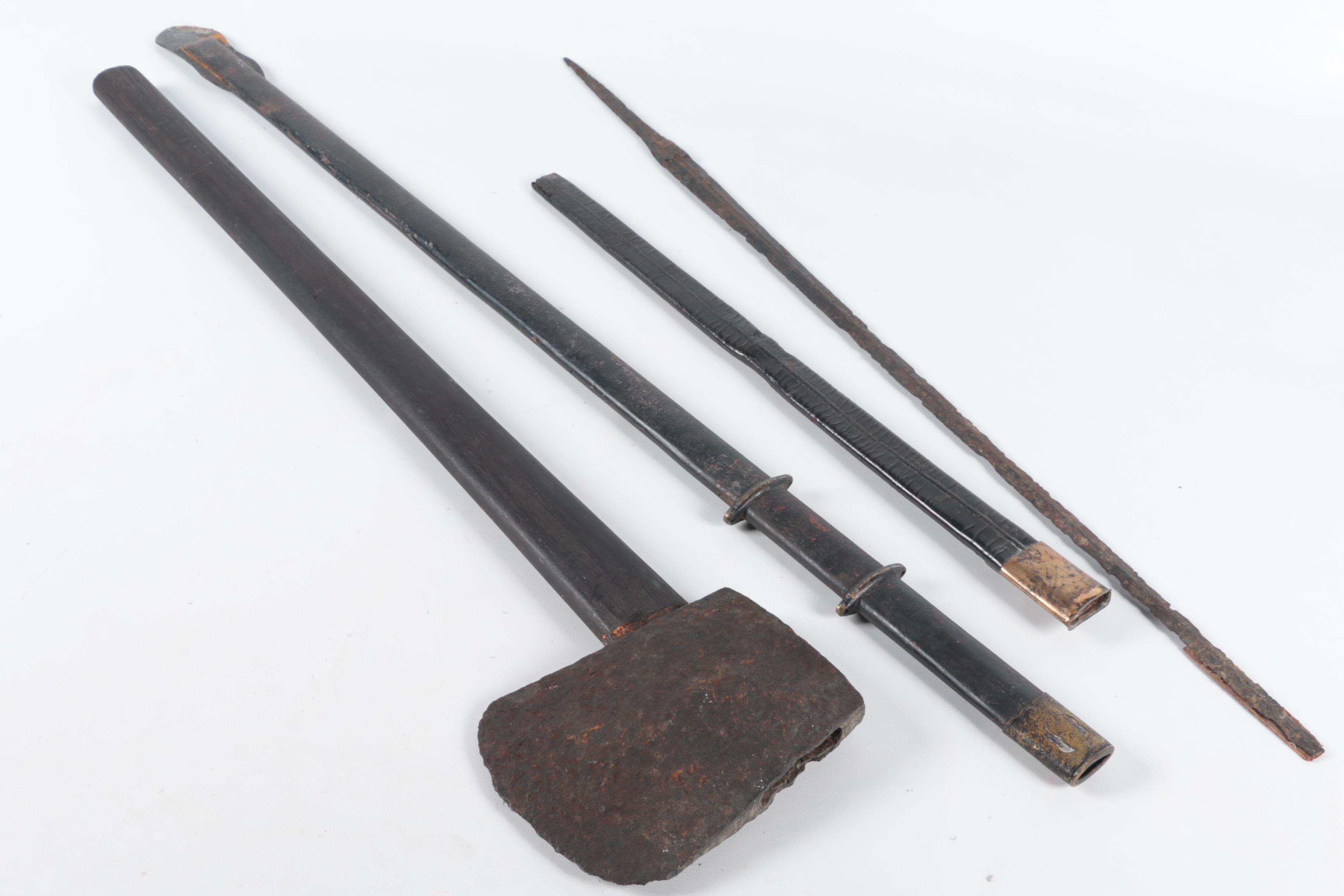 Hand-Forged Axe Head, Leather and Sword Scabbards with Iron Throwing Spear