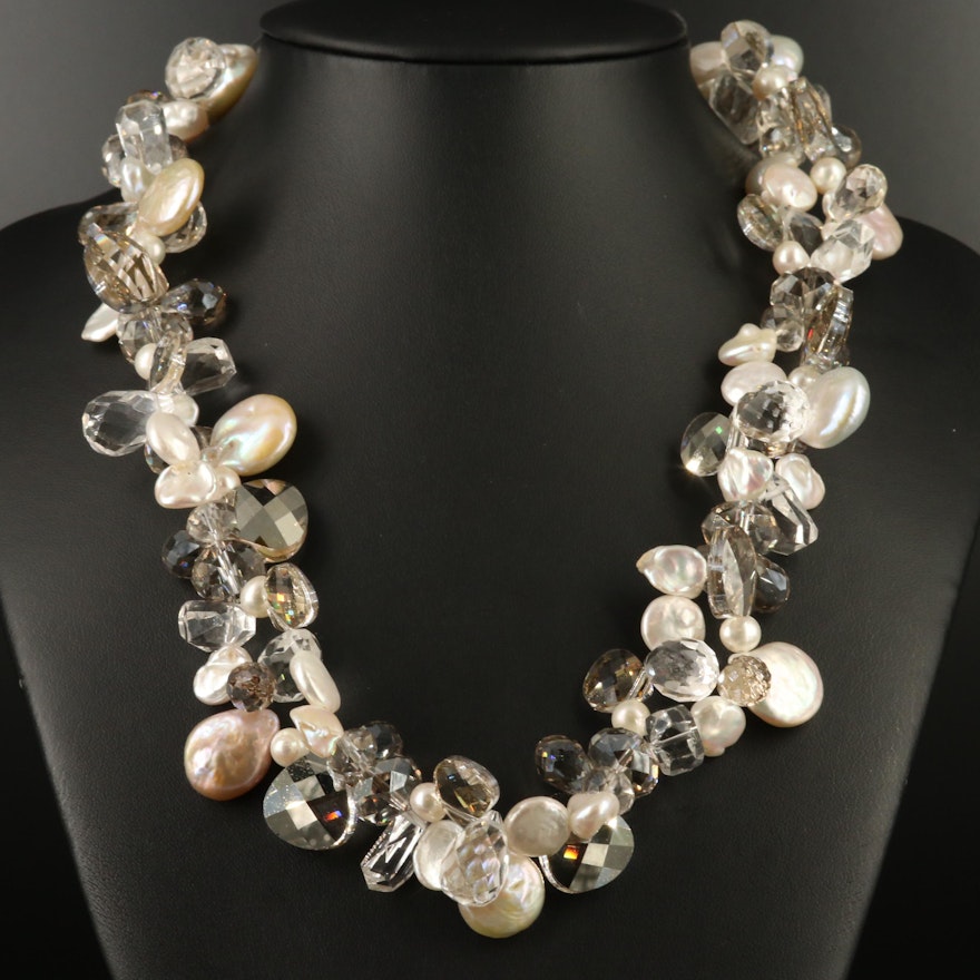 Pearl, Rock Crystal Quartz and Glass Necklace with Sterling and 800 Silver Clasp