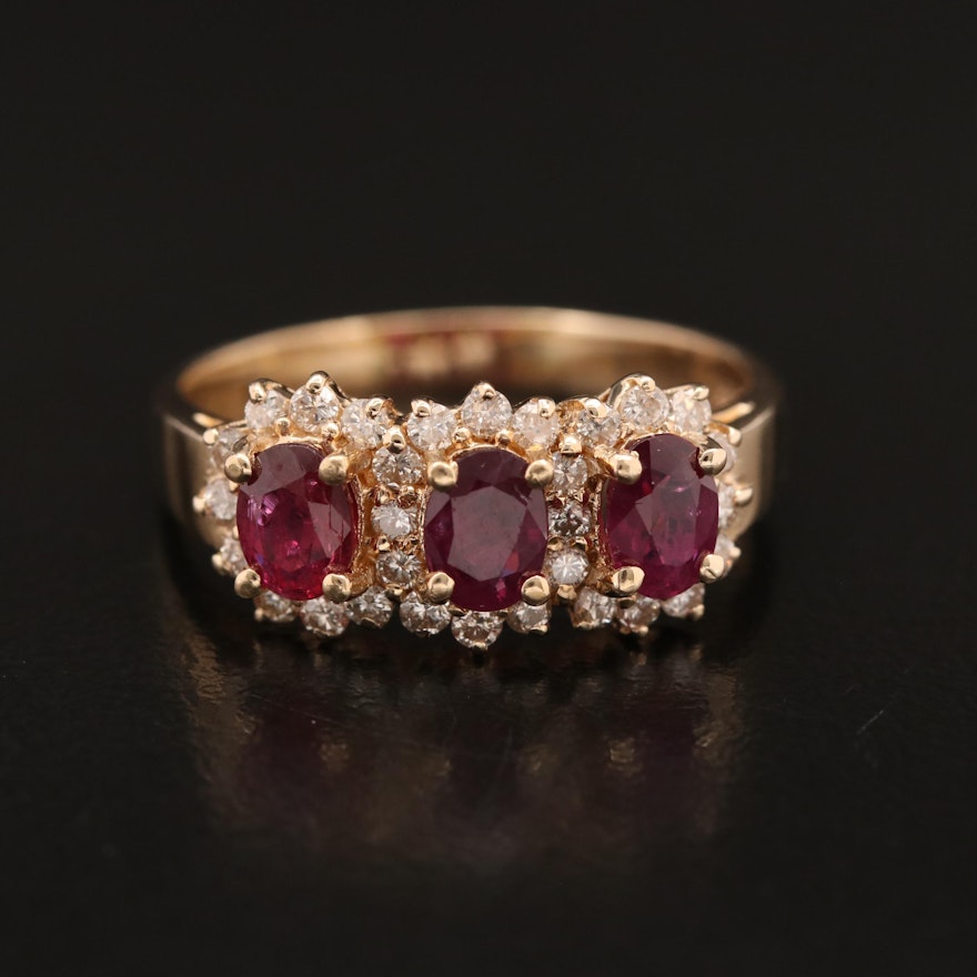 14K Ruby and Diamond Three Stone Halo Ring