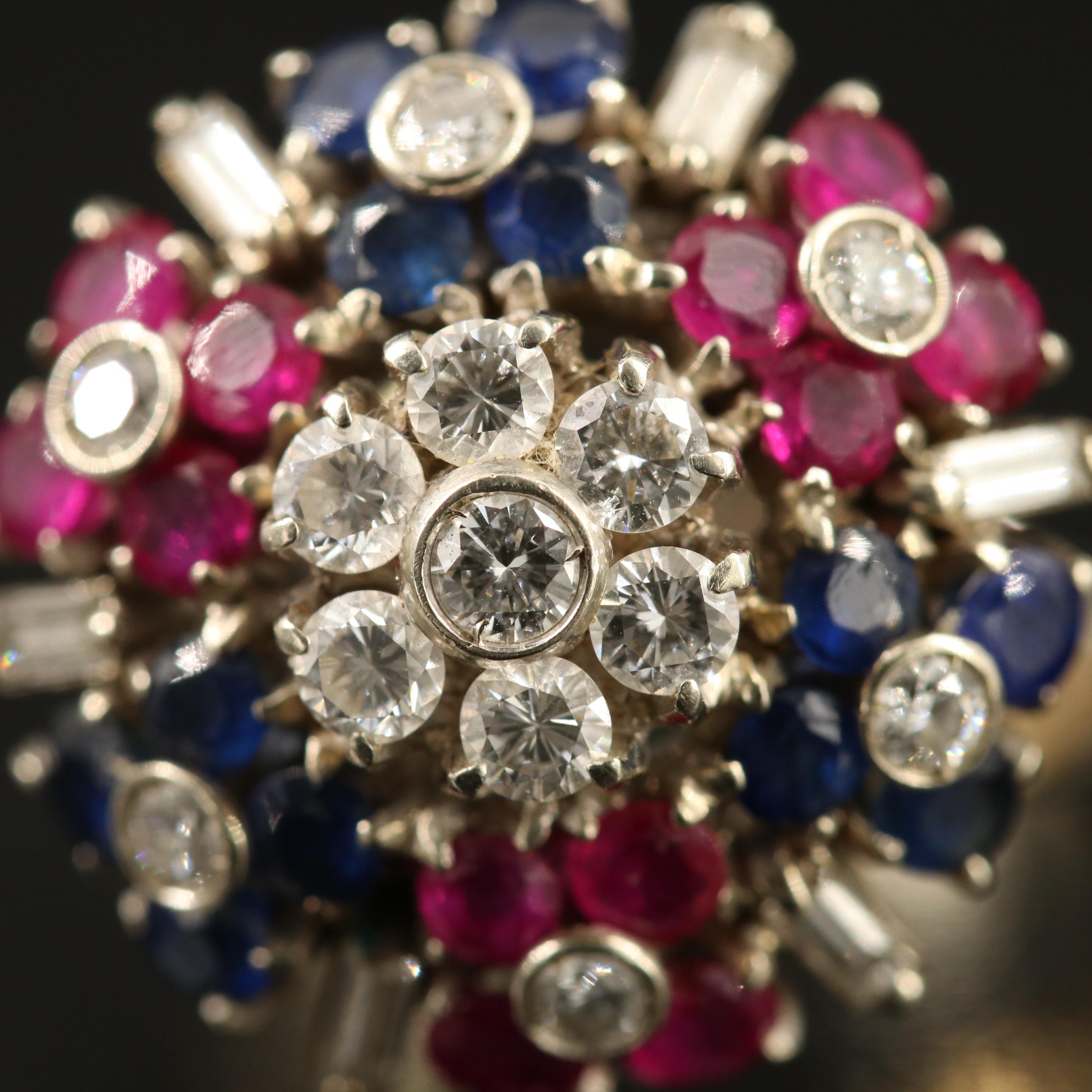 Vintage 18K Diamond, Ruby and Sapphire Cluster Ring