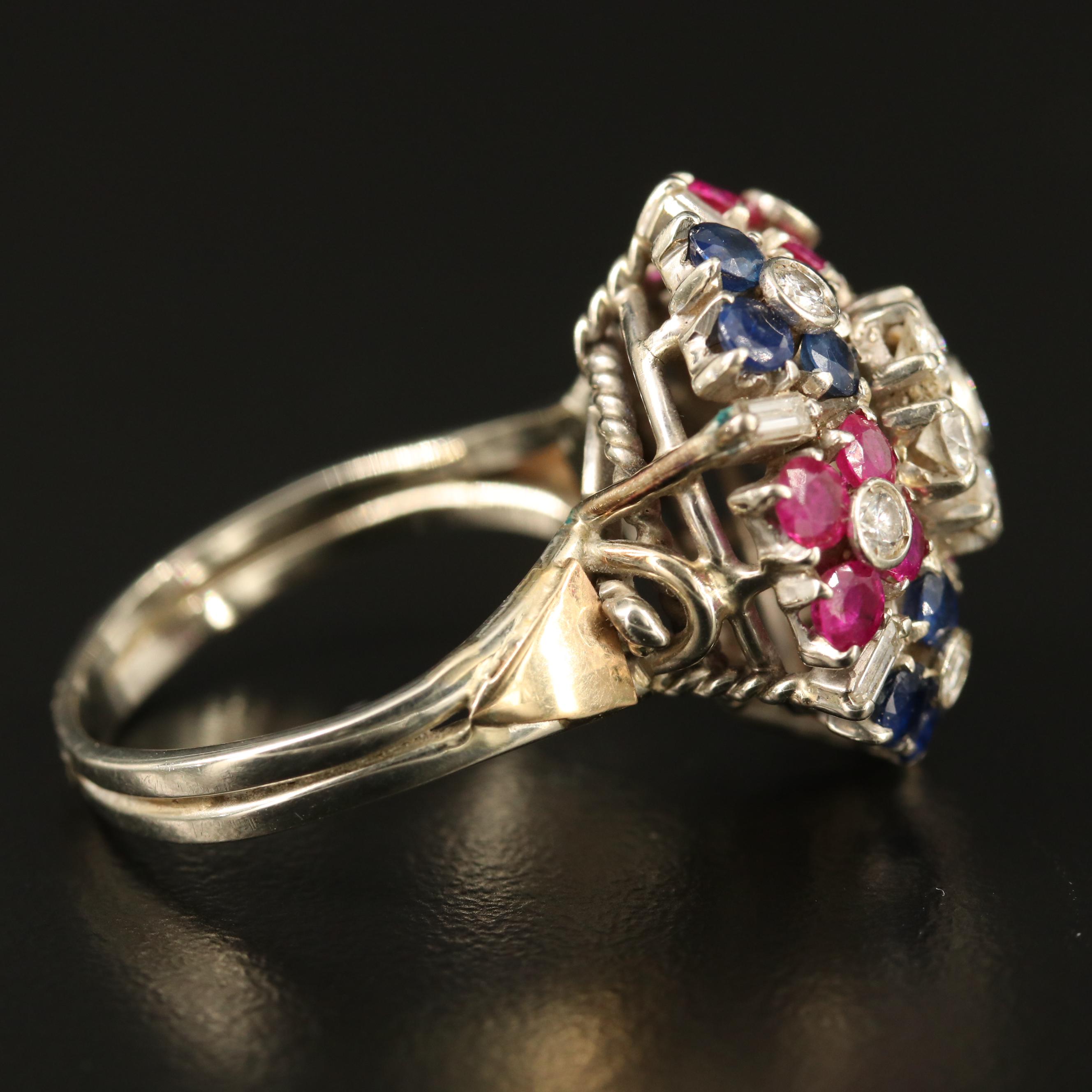 Vintage 18K Diamond, Ruby and Sapphire Cluster Ring