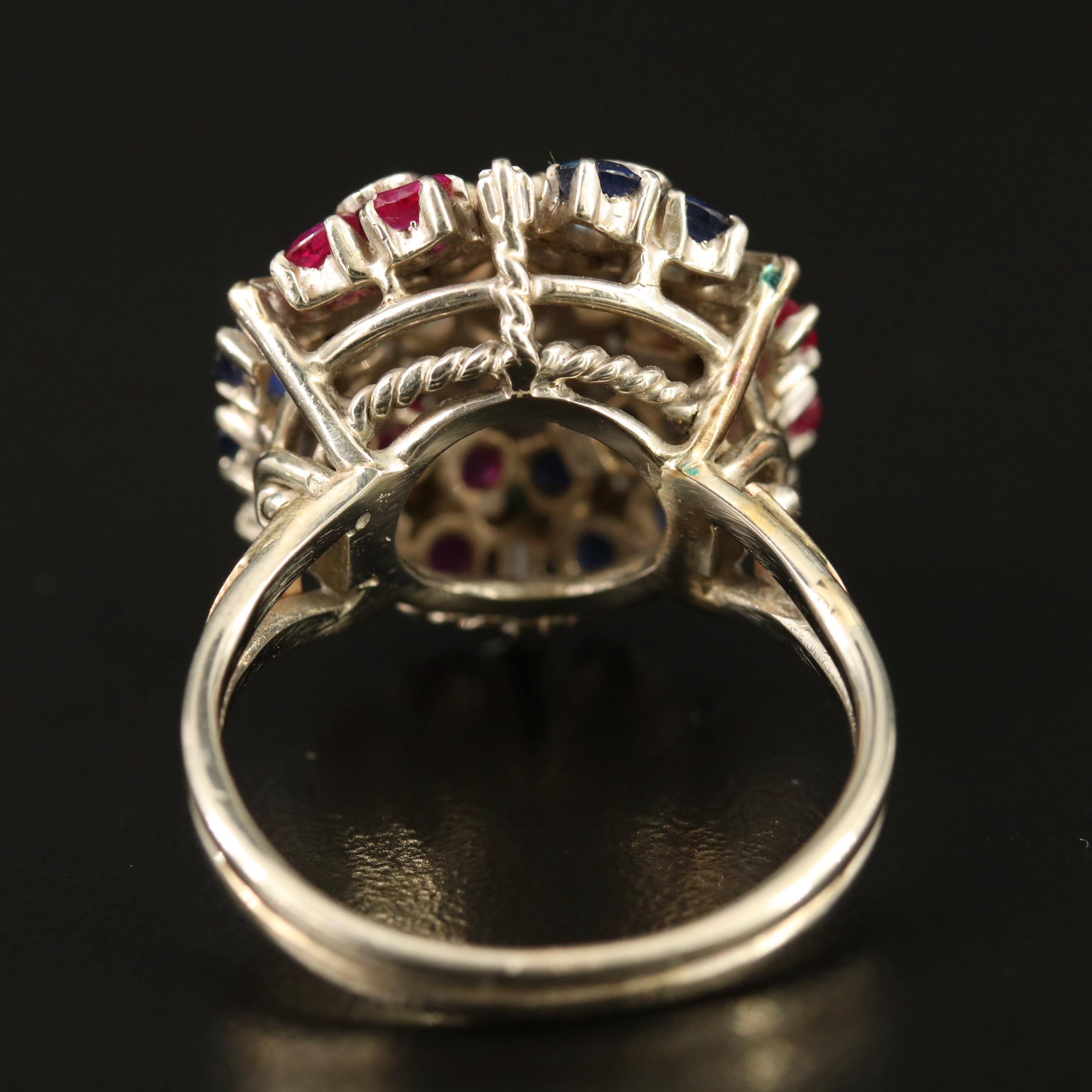Vintage 18K Diamond, Ruby and Sapphire Cluster Ring