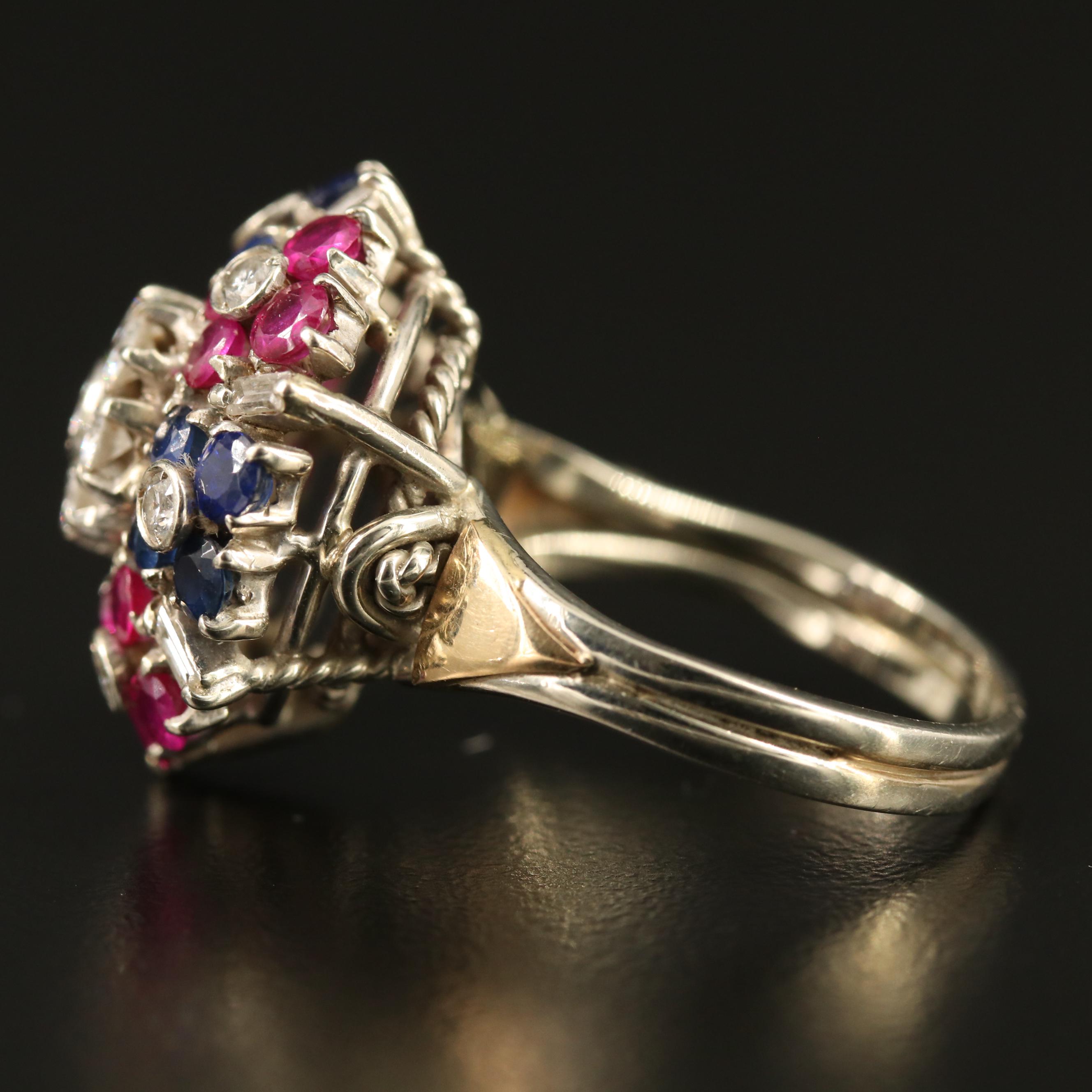 Vintage 18K Diamond, Ruby and Sapphire Cluster Ring