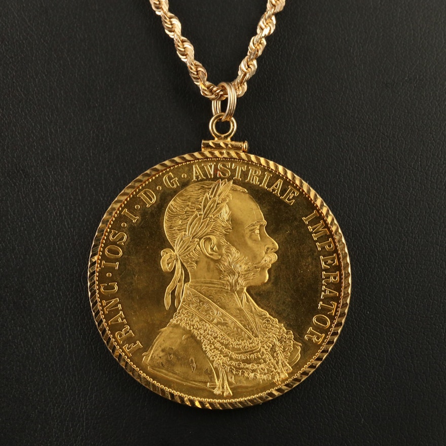 14K Coin Pendant Necklace Featuring Antique 23K Austrian Ducat Gold Coin