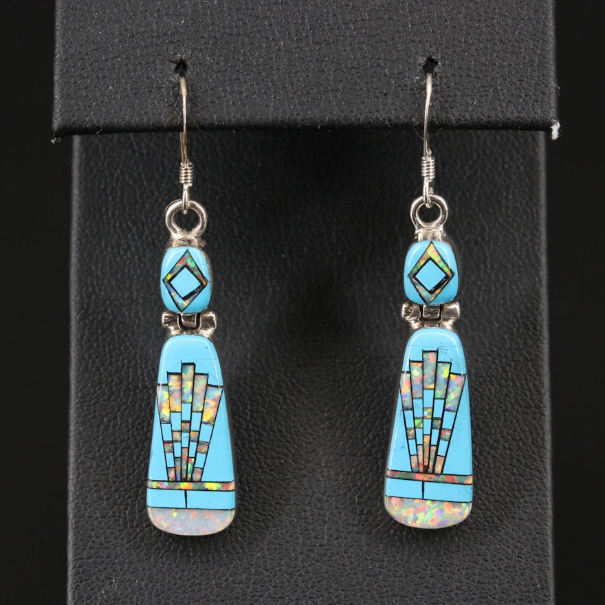 Sterling Opal and Faux Turquoise Inlay Dangle Earrings